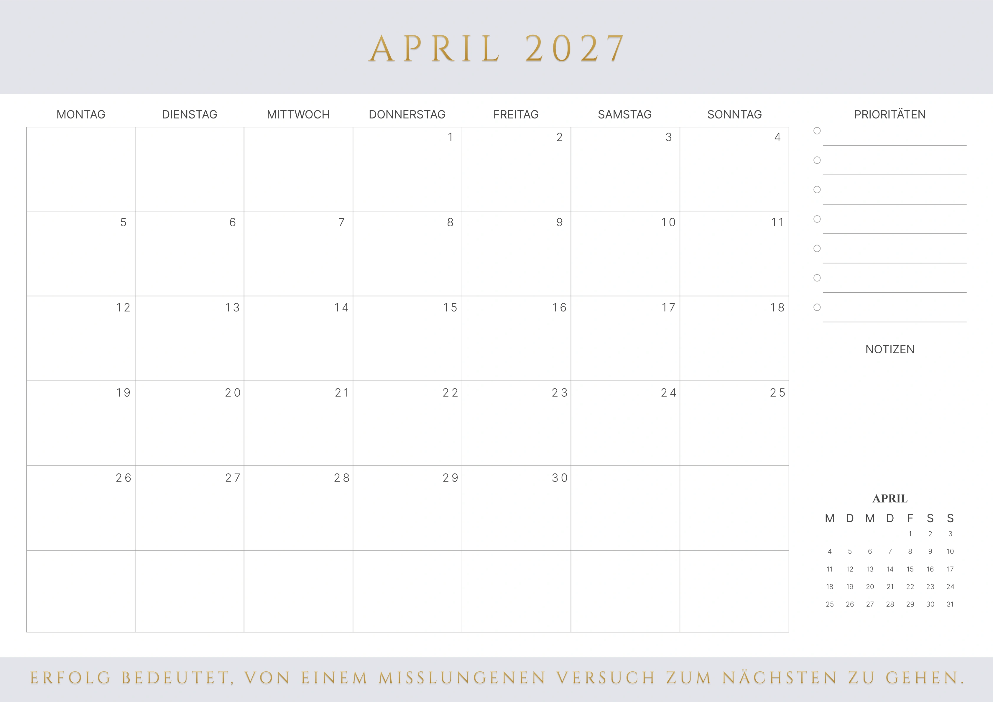 April Kalender 2027 Braun