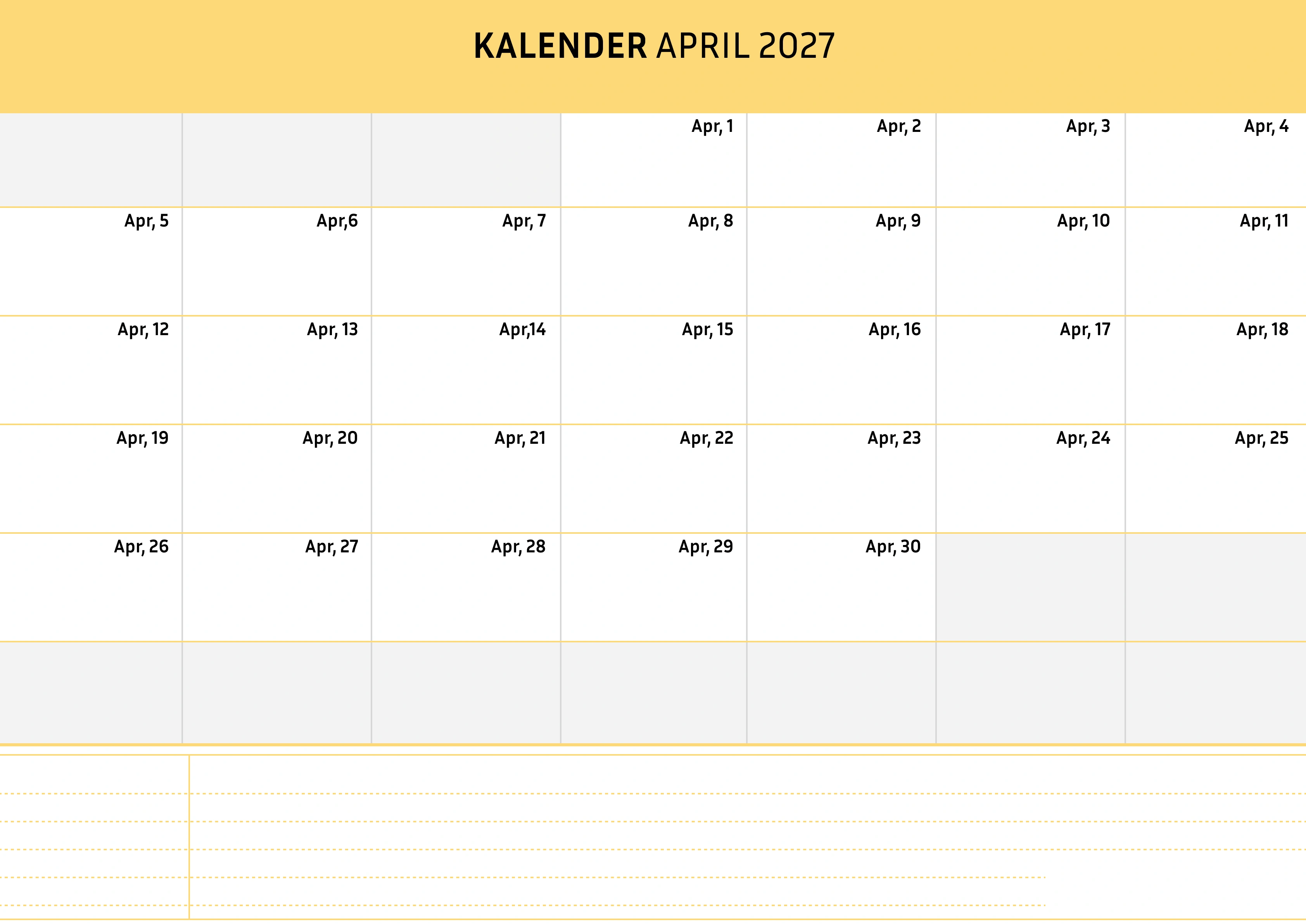 April Kalender 2027 Cremfarben