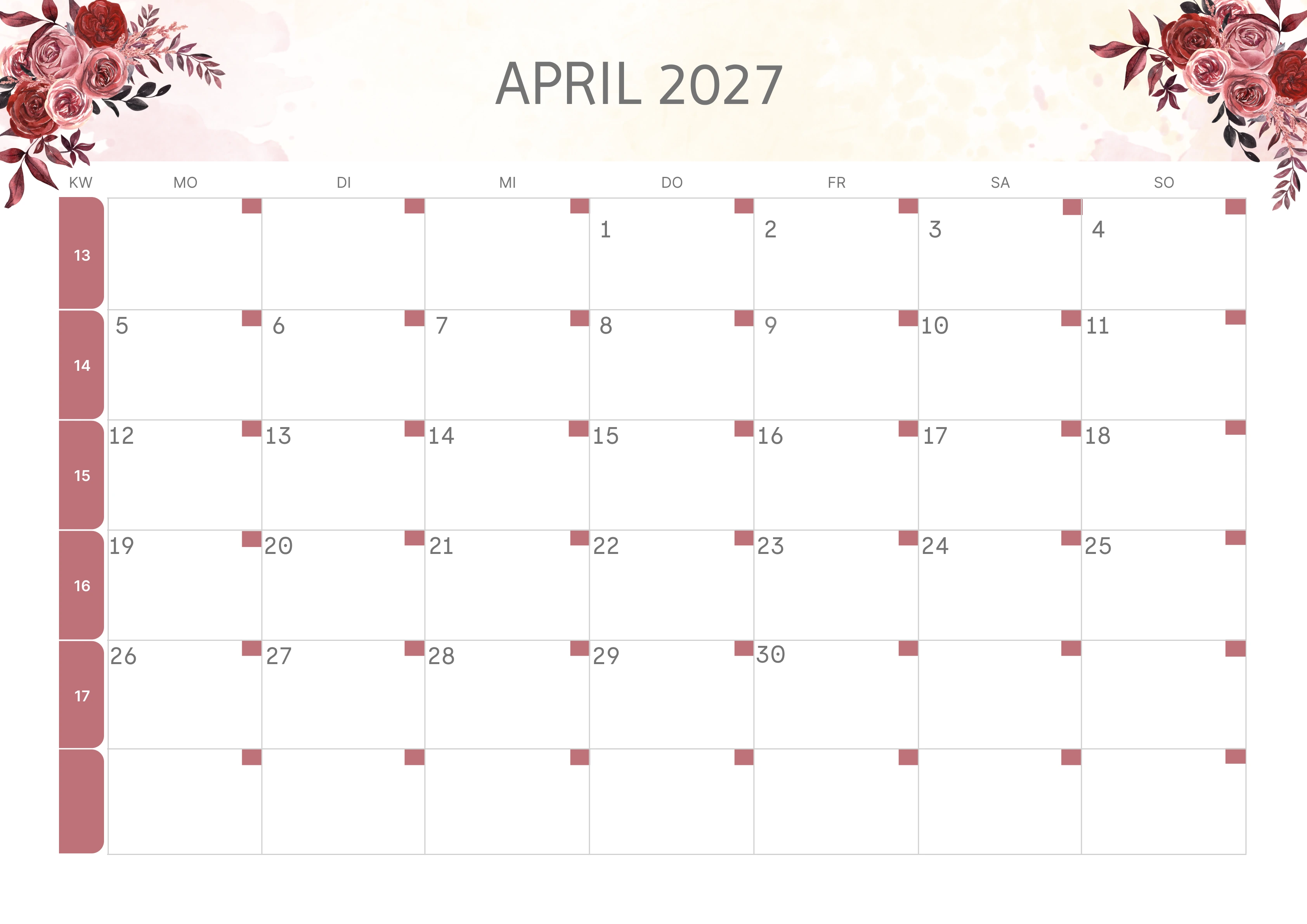 Semesterkalender 2026 Erstes Halbjahr Farbenfroh