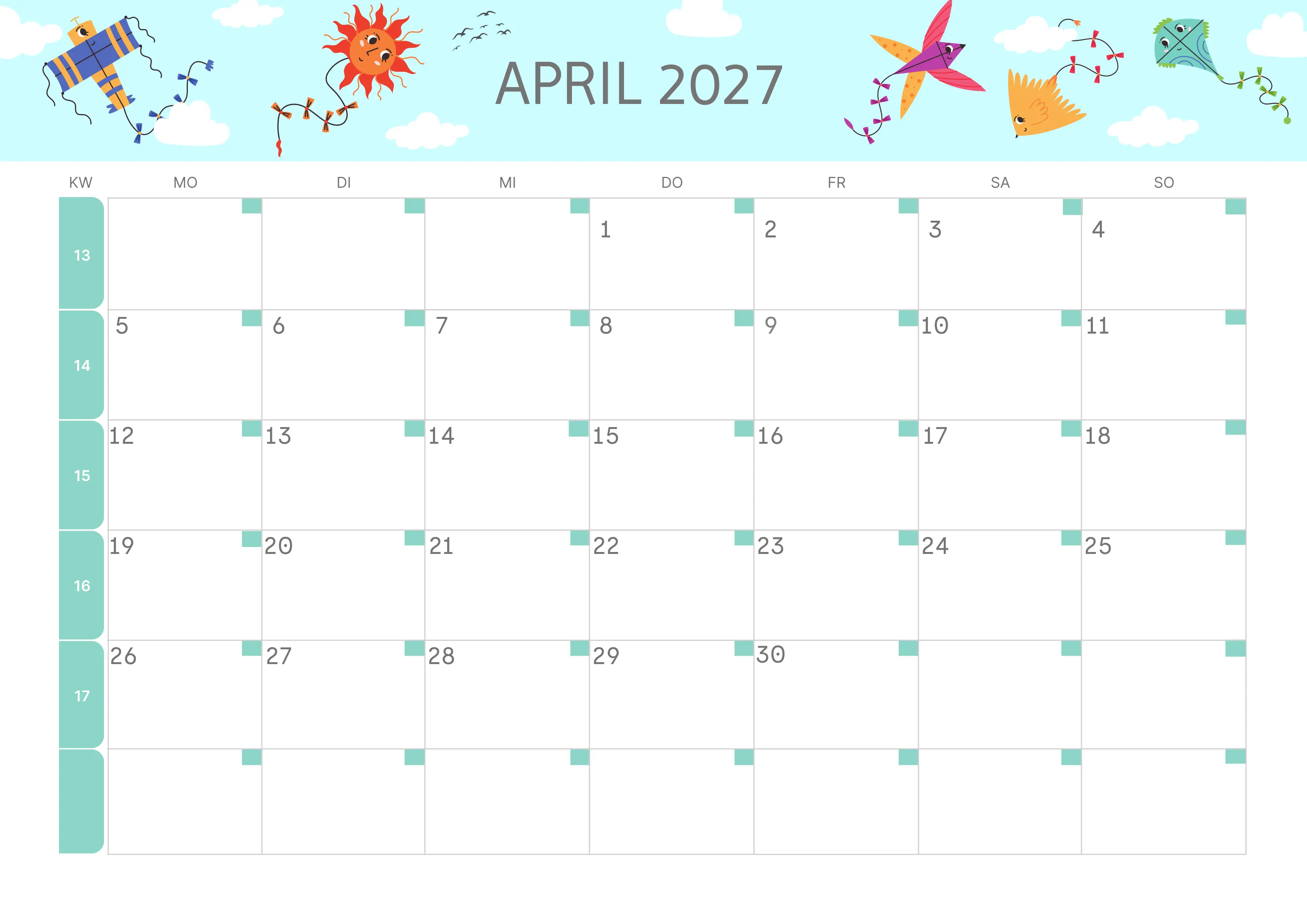 Semesterkalender 2026 Erstes Halbjahr Farbenfroh