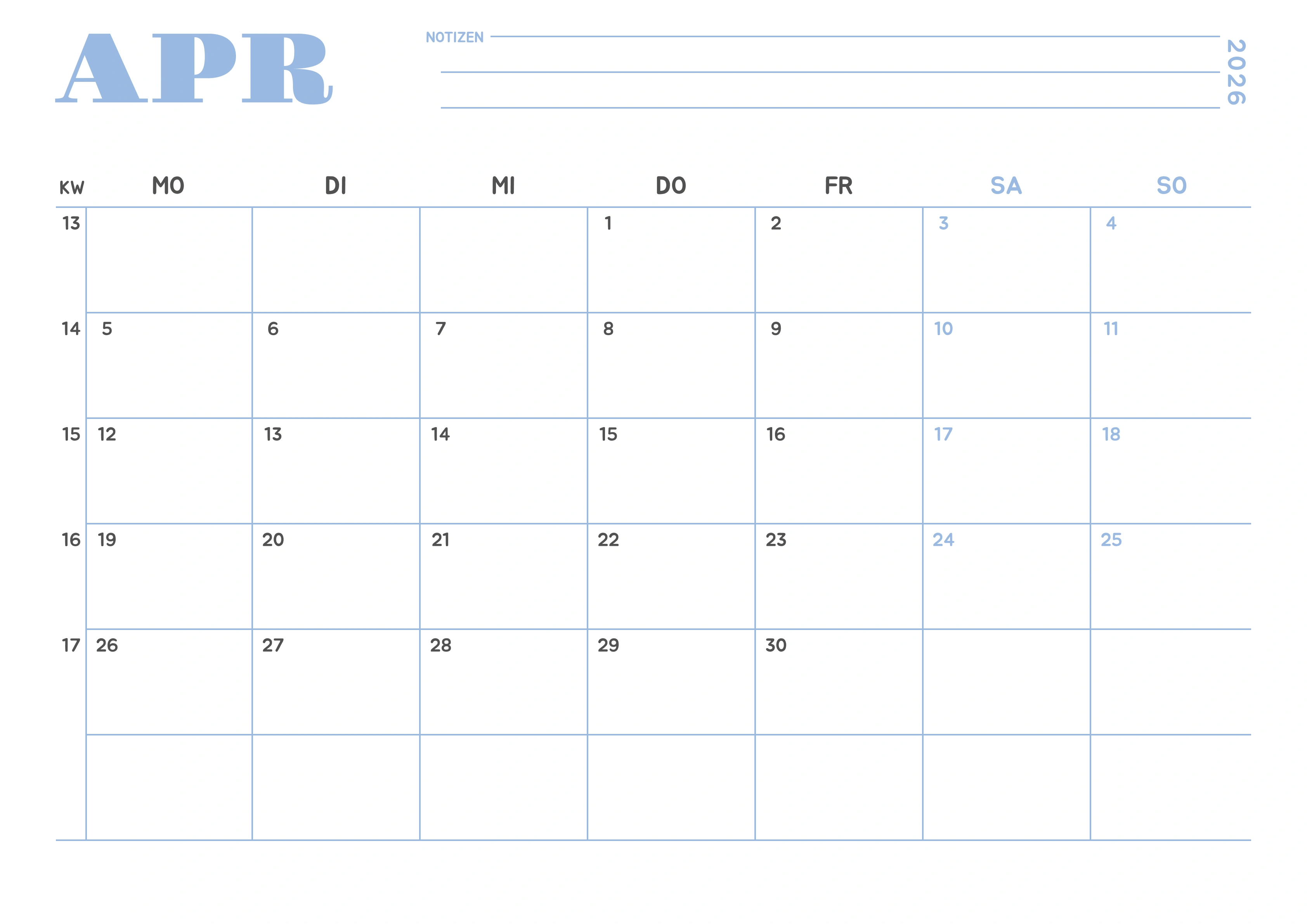 April Kalender 2027 Minimalistisch Himmelblau