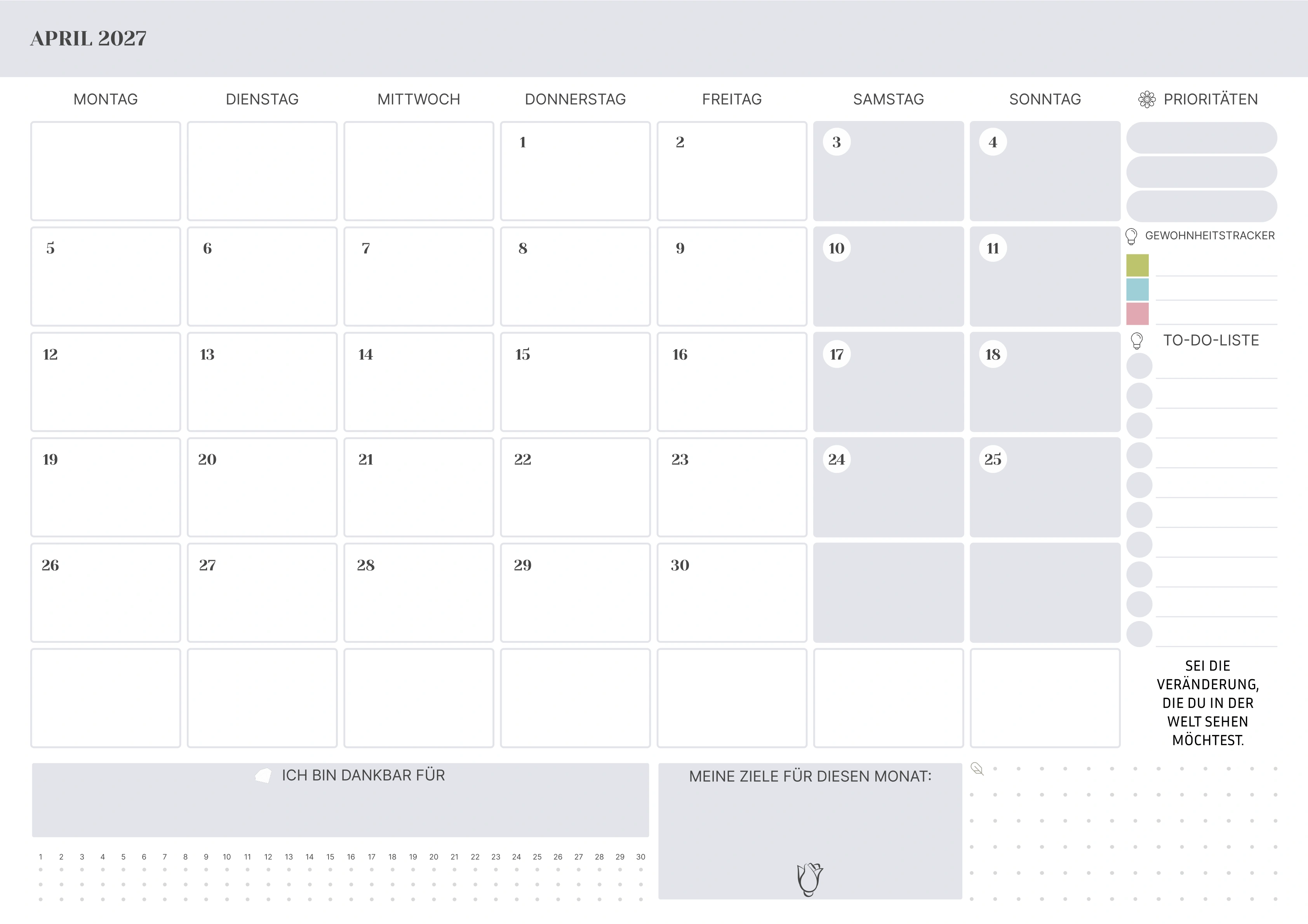 April Kalender 2027 mit Feiertagen