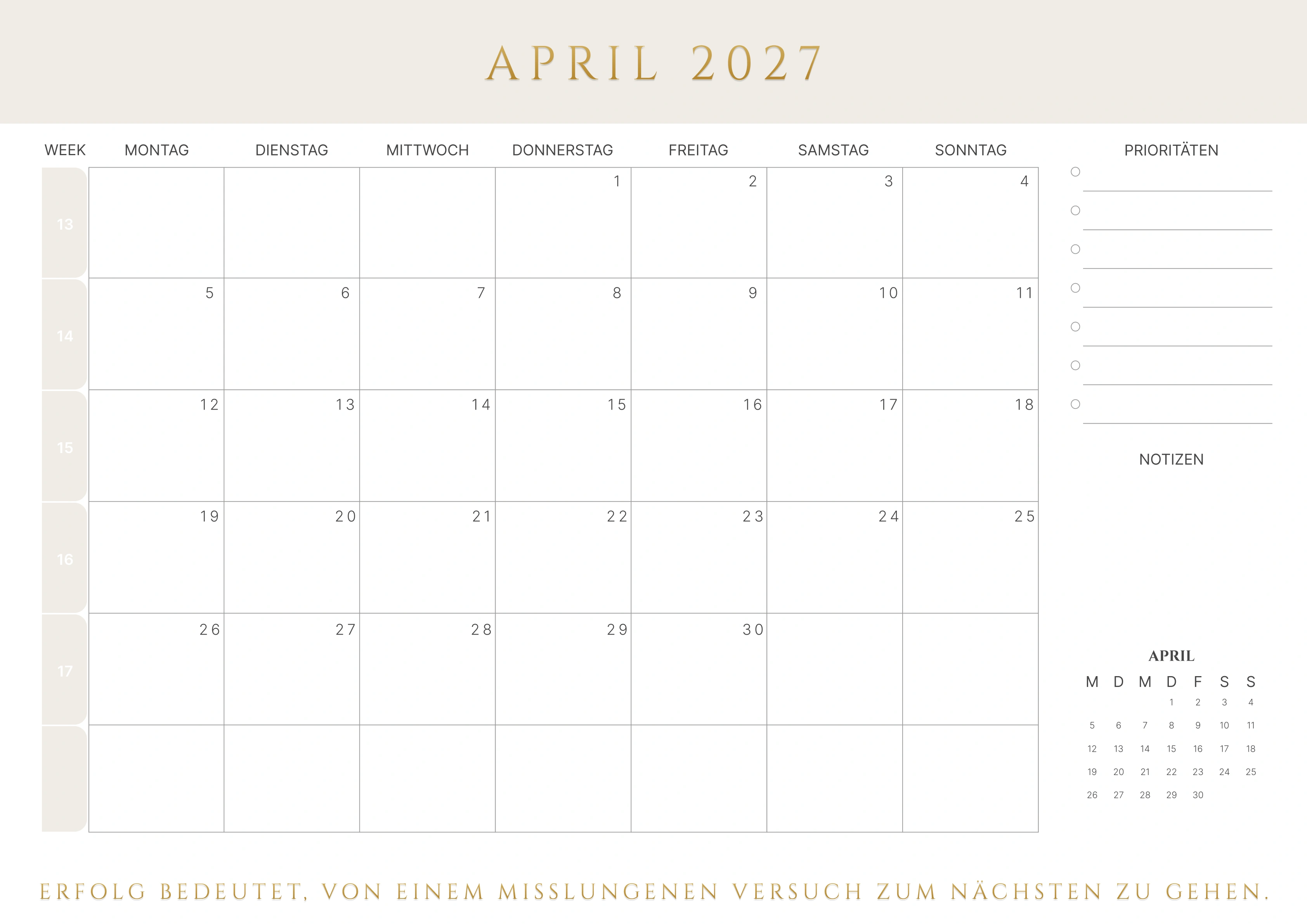 April Kalender 2027 mit Kalenderwochen