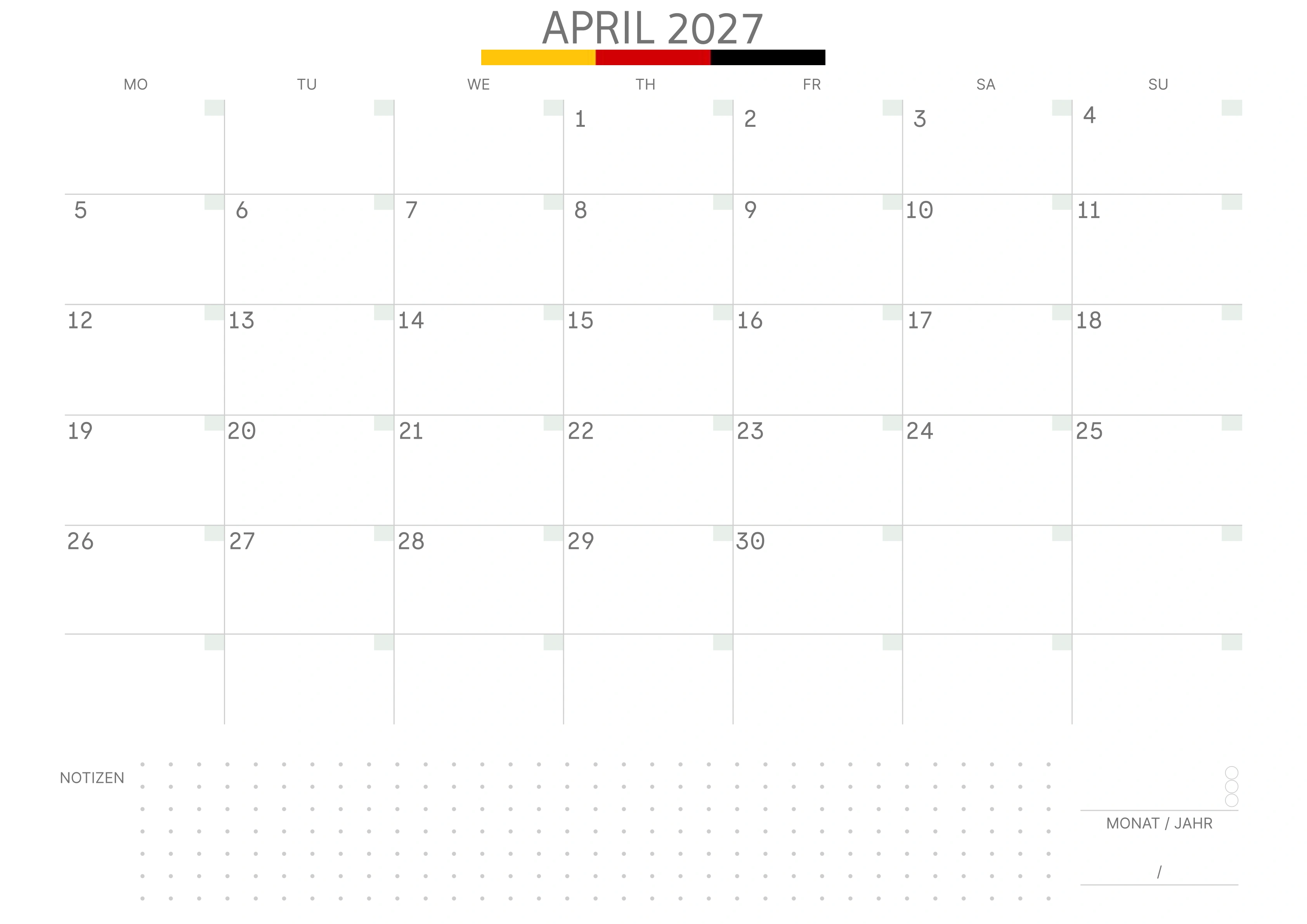 April Kalender 2027 mit Notizen
