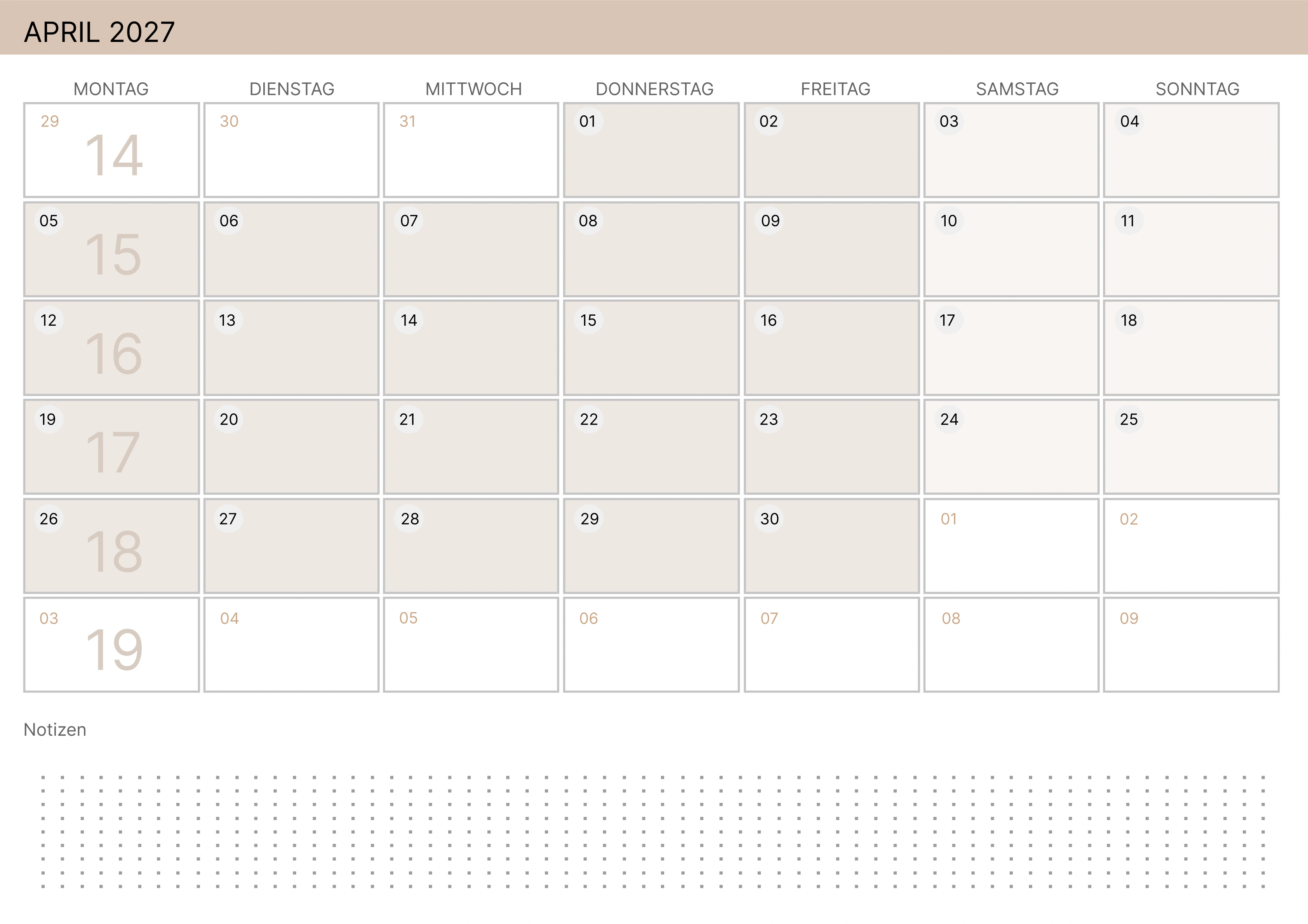 April Kalender 2027 Zartes Gelb