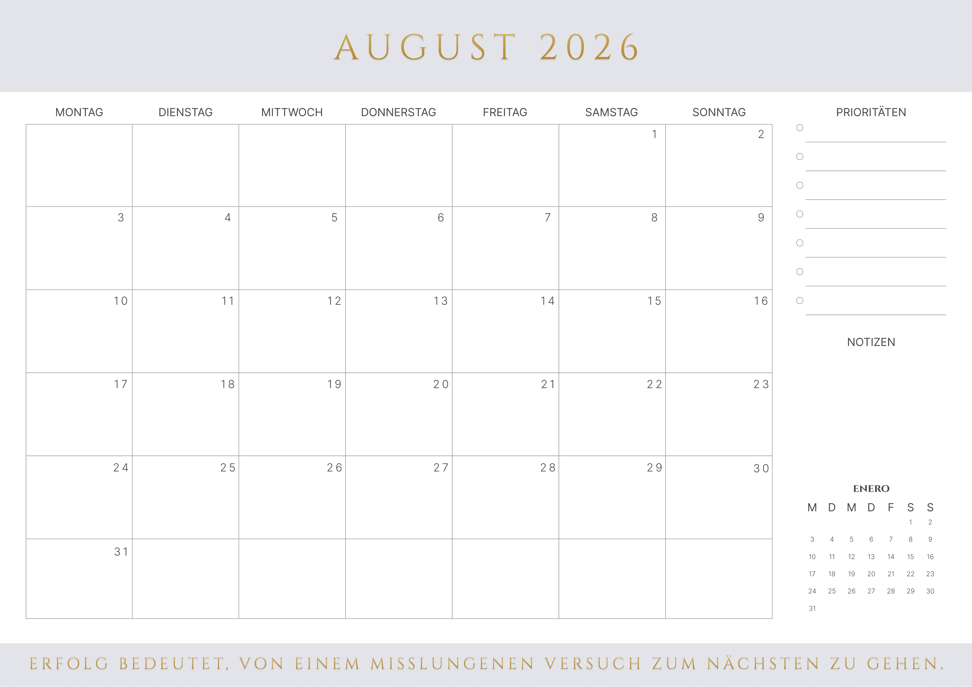 August Kalender 2026 Braun