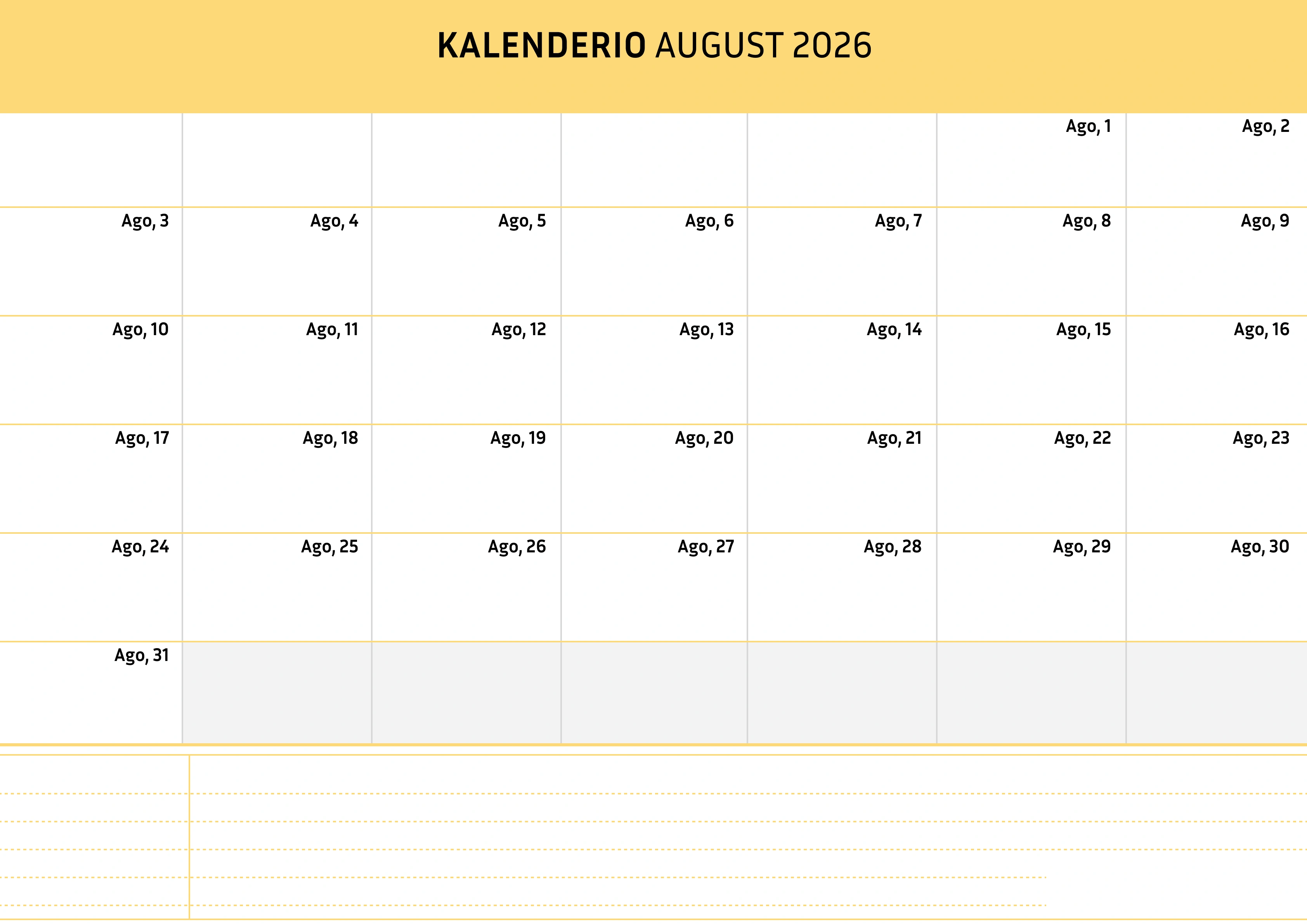 August Kalender 2026 Cremfarben