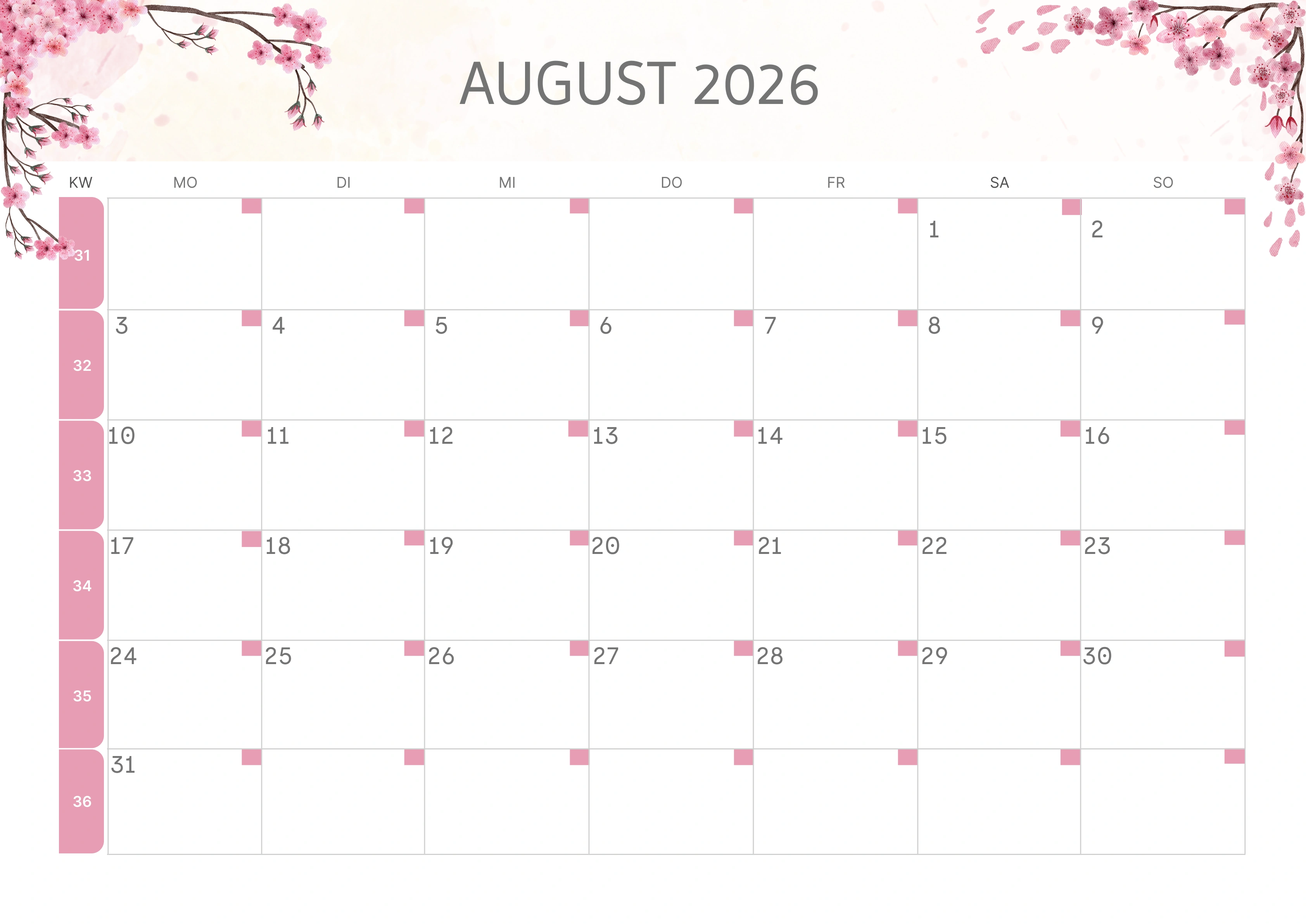 Semesterkalender 2026 Erstes Halbjahr Minimalistisch
