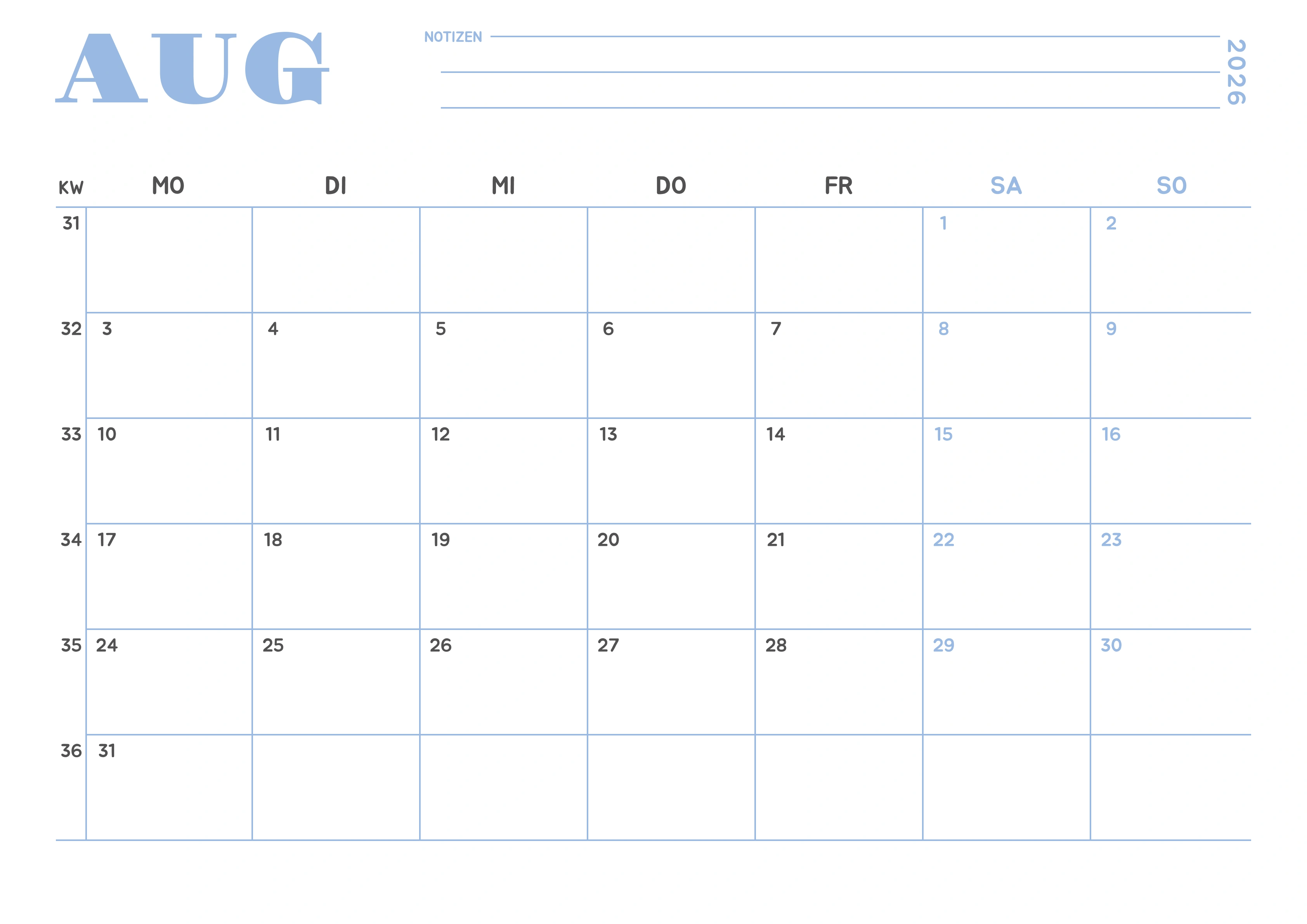 August Kalender 2026 Minimalistisch Himmelblau