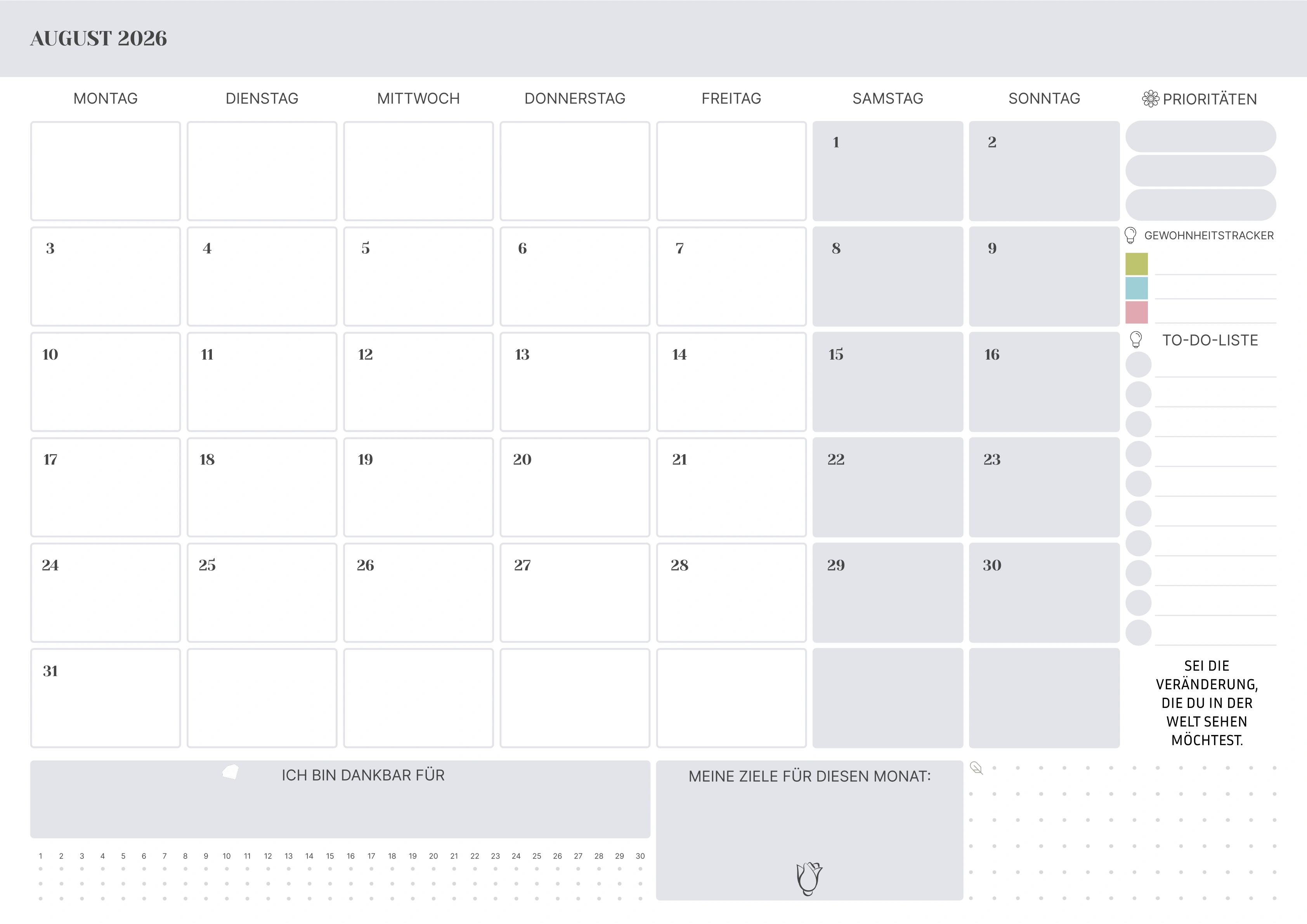 August Kalender 2026 mit Feiertagen