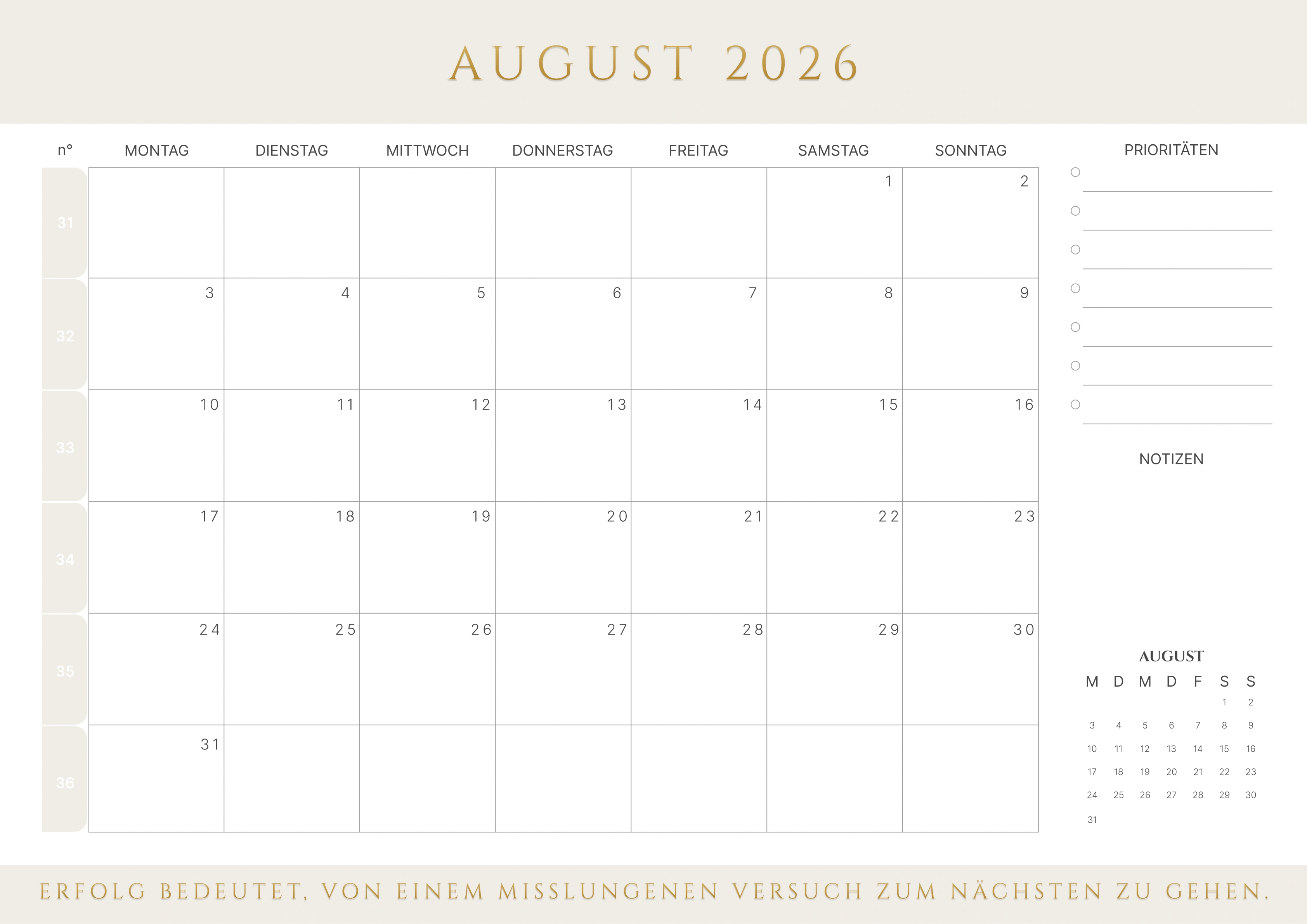 August Kalender 2026 mit Kalenderwochen