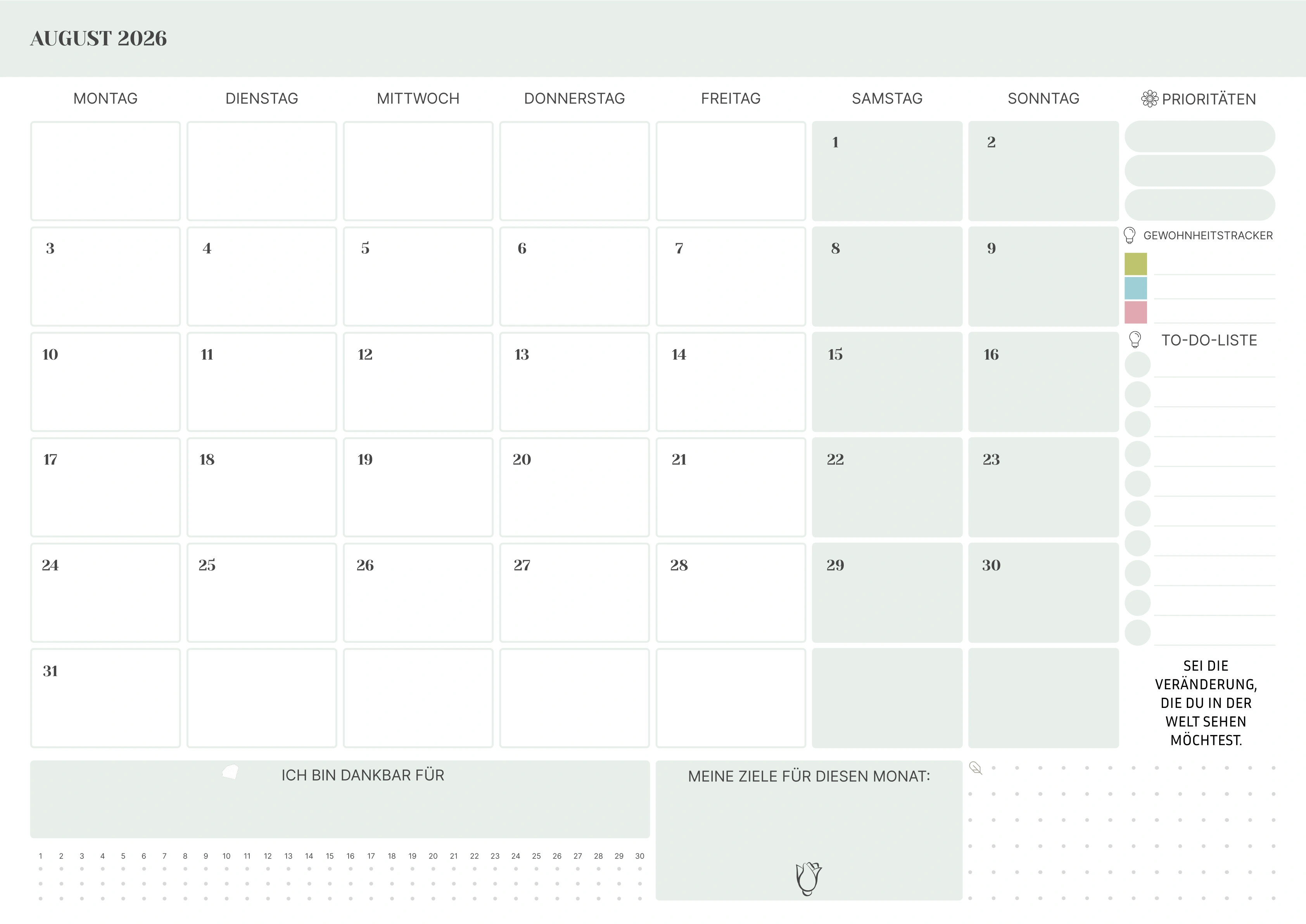 August Kalender 2026 mit Prioritäten