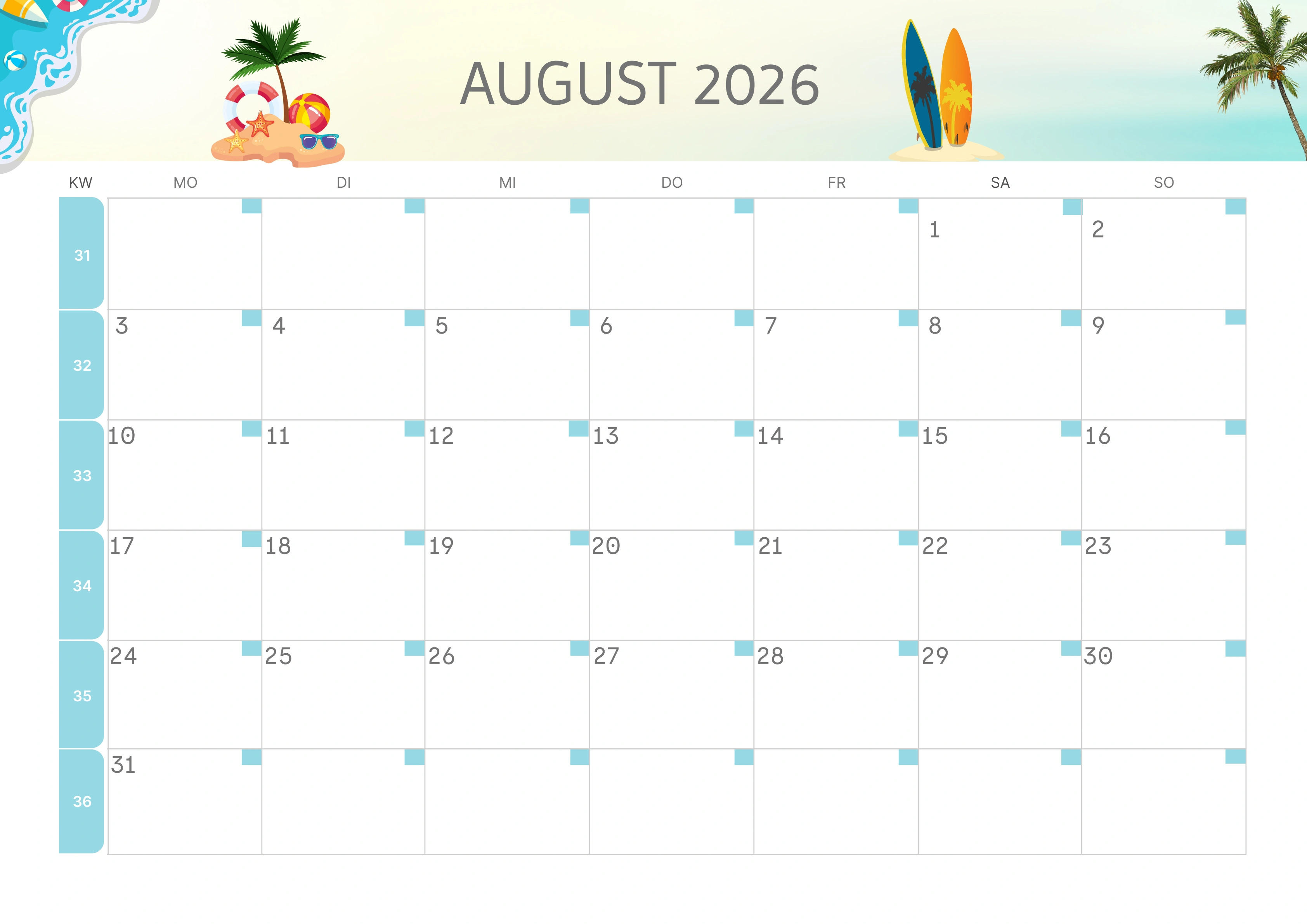 Semesterkalender 2026 Erstes Halbjahr Minimalistisch