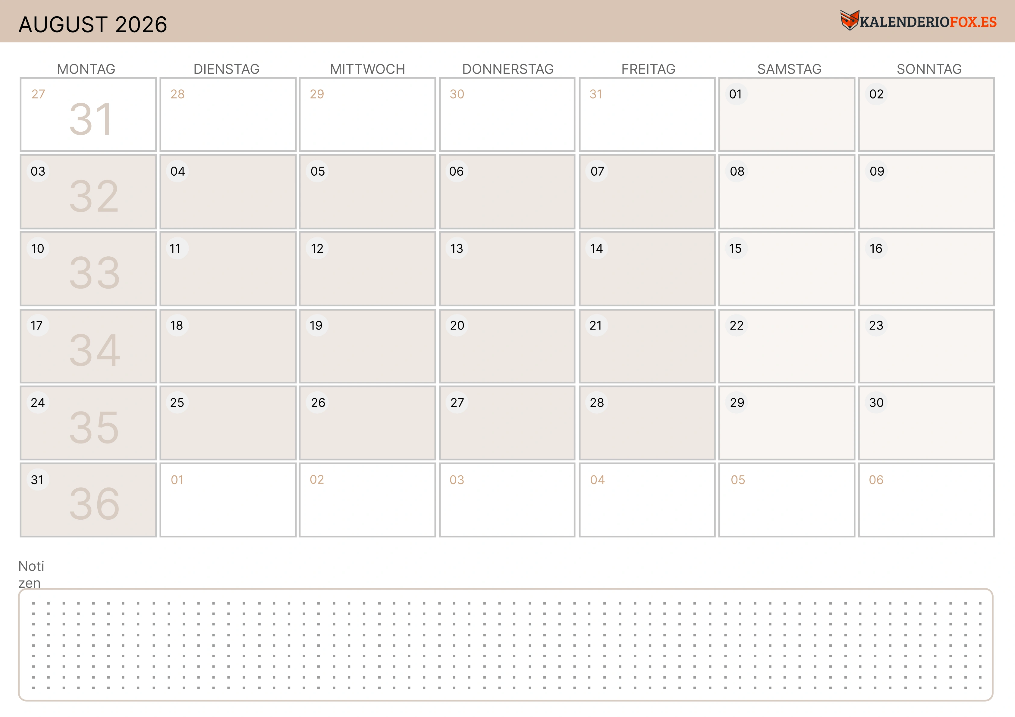 August Kalender 2026 Zartes Gelb