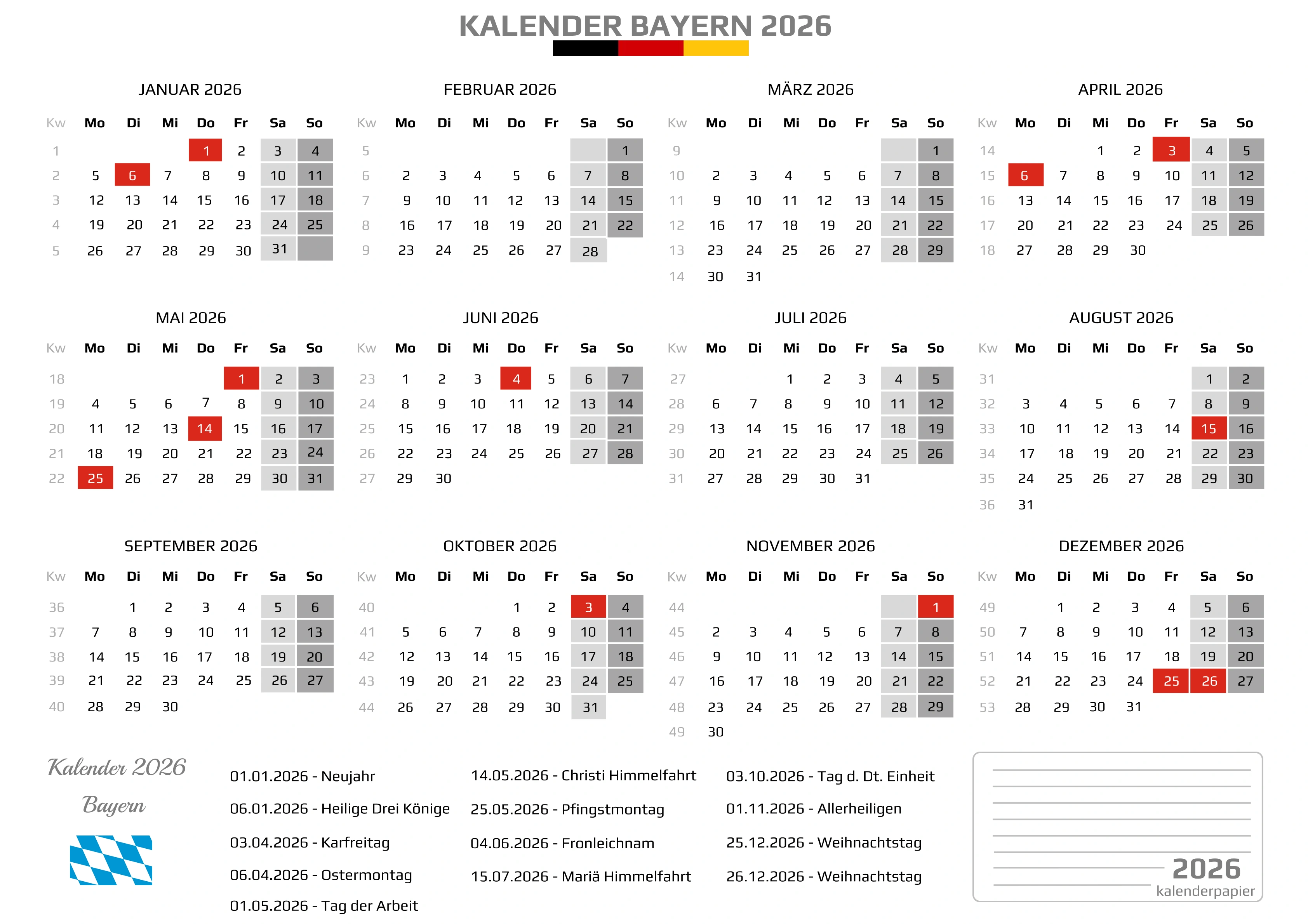 Der Kalender mit der Kompletten BW Feirtage