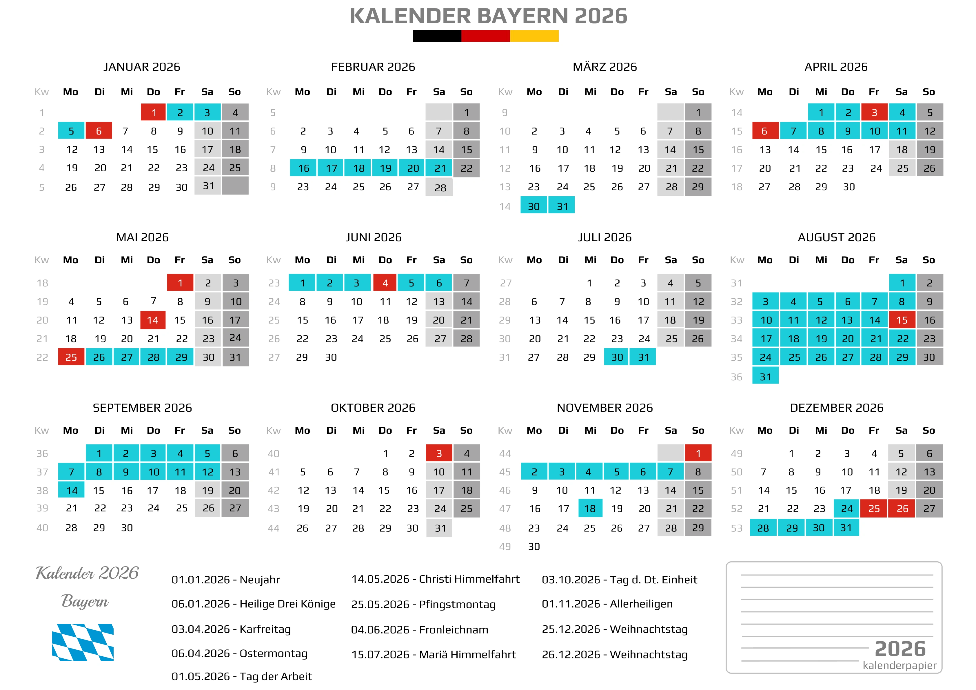 Der Kalender mit der Kompletten BW Feirtage