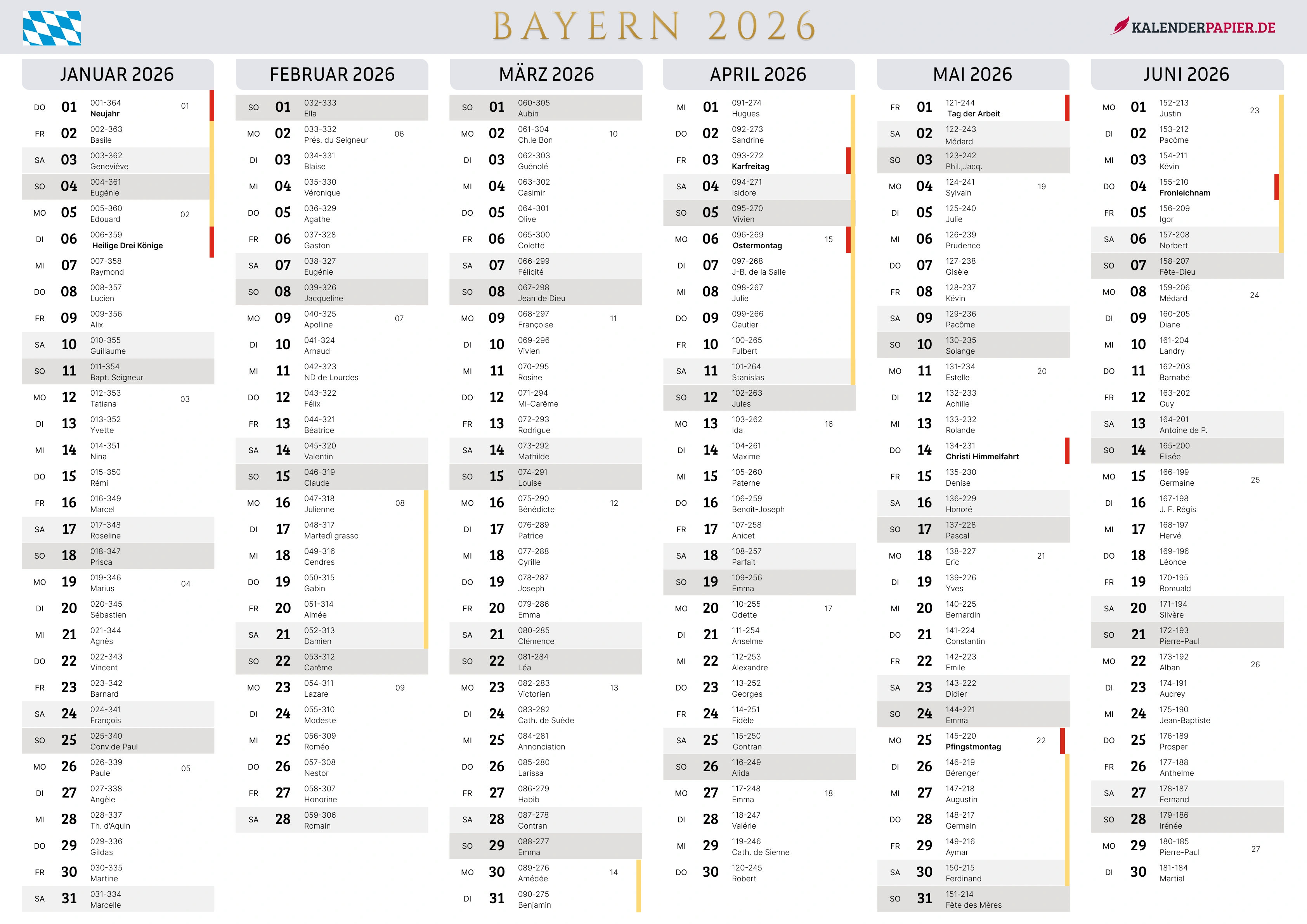 Der Kalender mit der Kompletten BW Feirtage