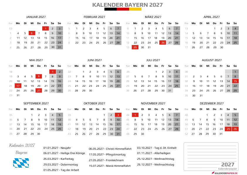Kalender 2027 Bayern mit Feiertagen