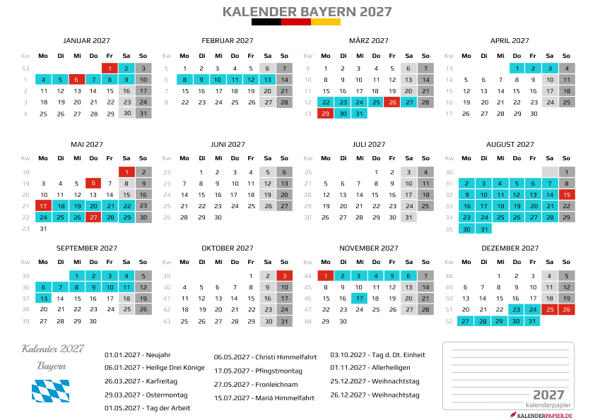 Kalender 2027 Bayern mit Ferien