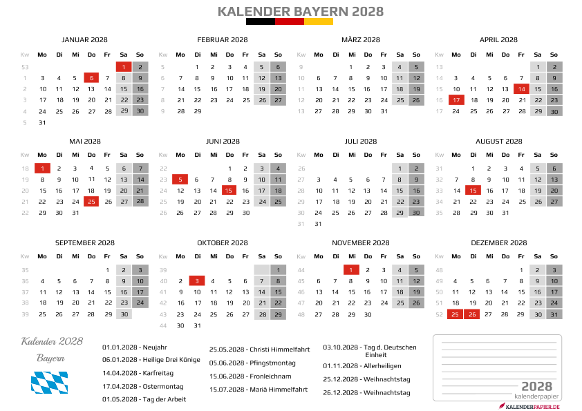 Kalender 2028 Bayern mit Feiertagen
