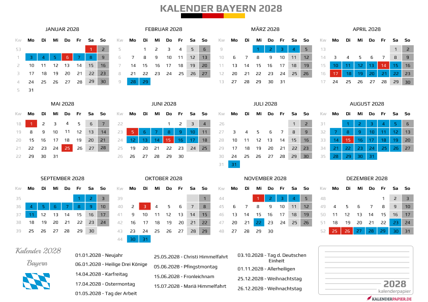 Kalender 2028 Bayern mit Ferien