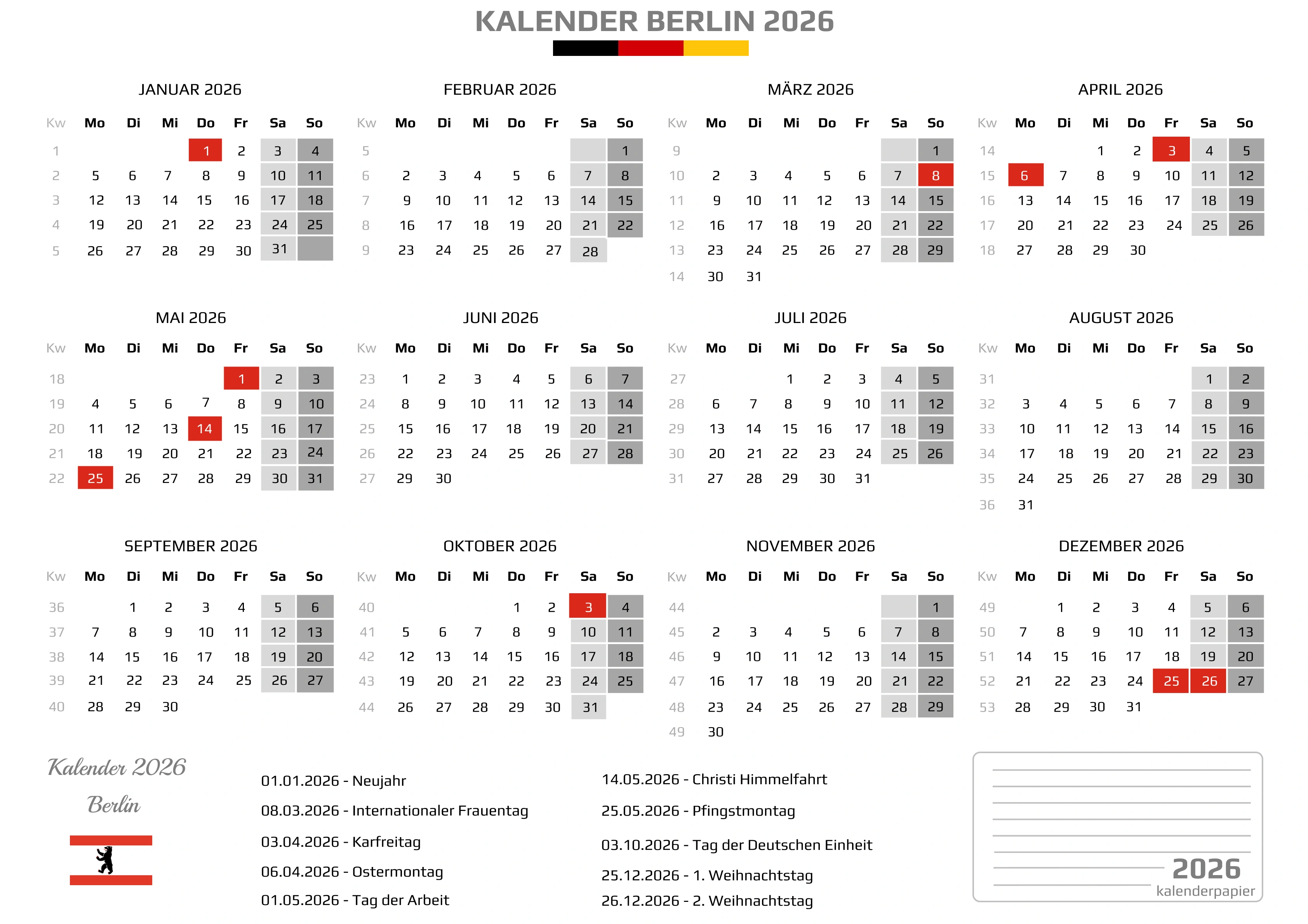 Der Kalender mit der Kompletten BW Feirtage