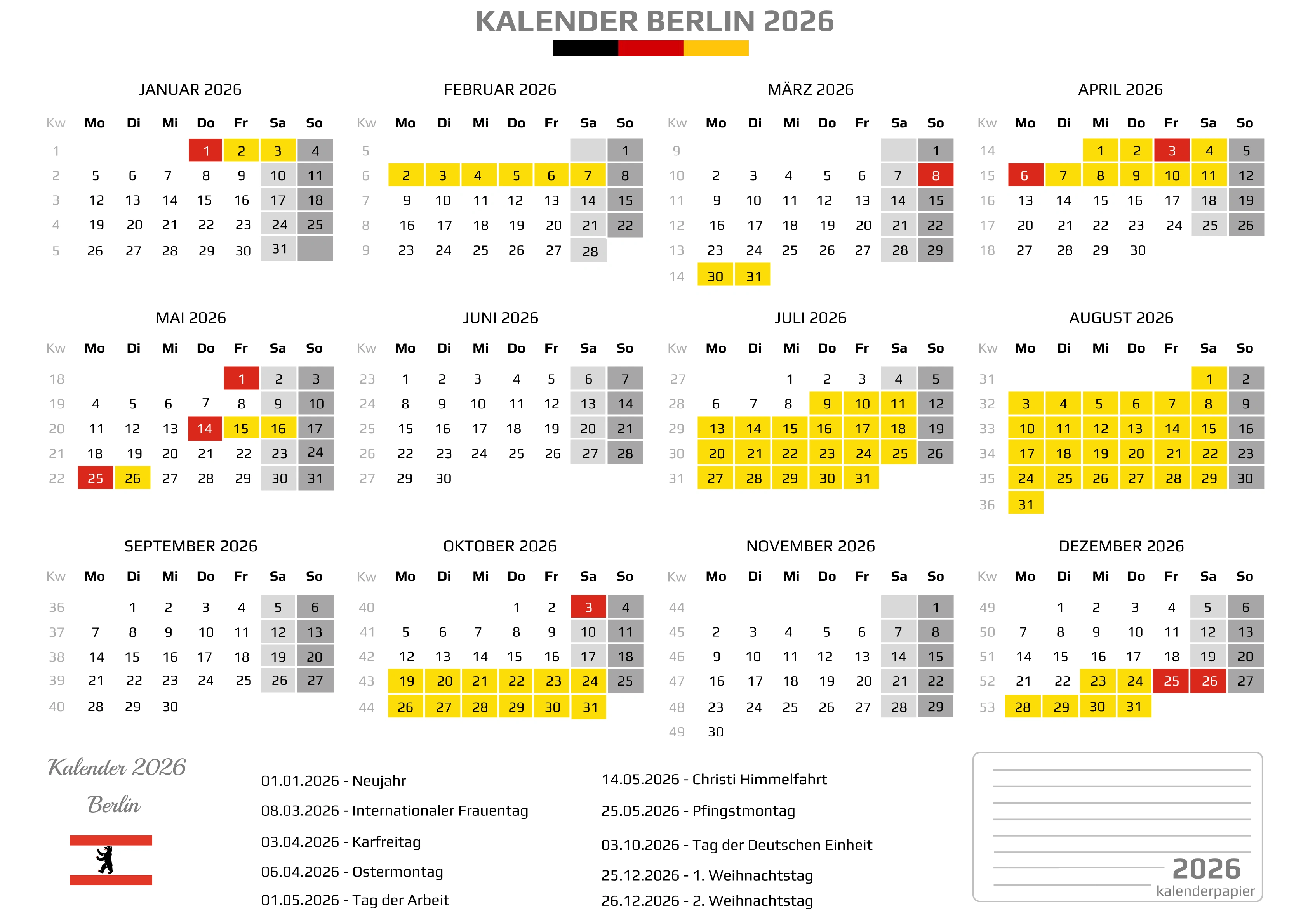 Der Kalender mit der Kompletten BW Feirtage
