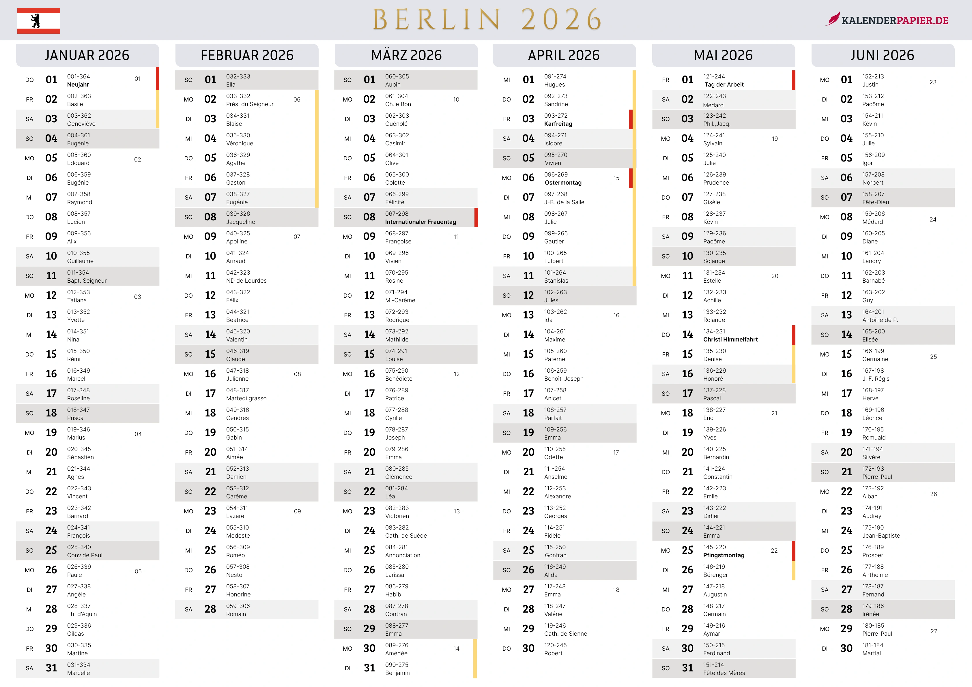 Der Kalender mit der Kompletten BW Feirtage