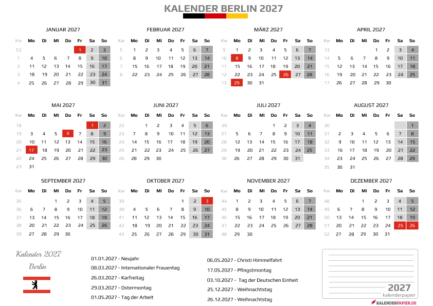 Kalender 2027 Berlin mit Feiertagen