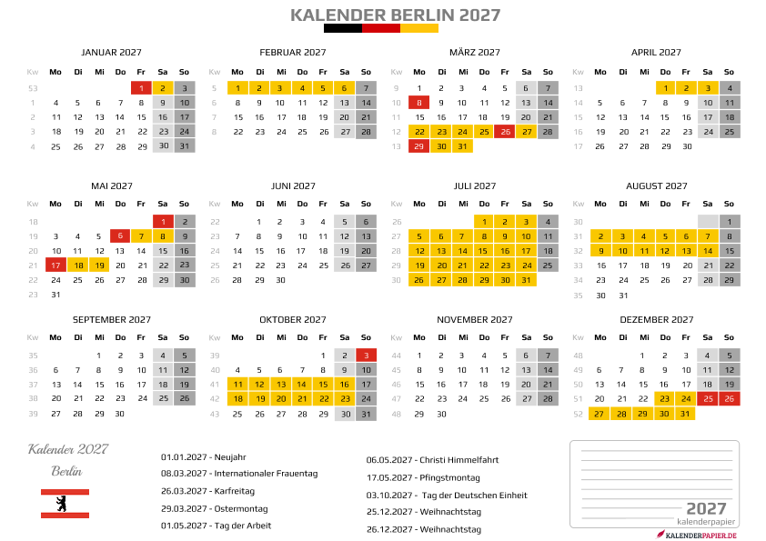 Kalender 2027 Berlin mit Ferien