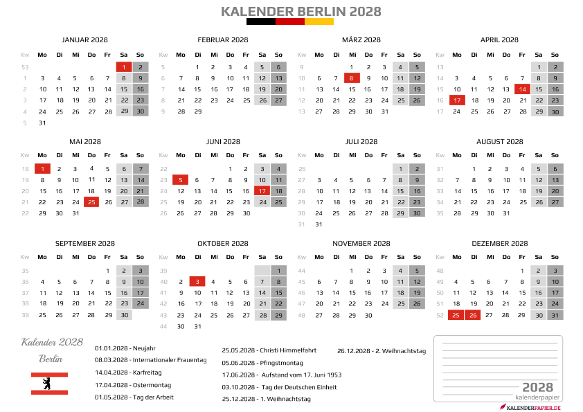 Kalender 2028 Berlin mit Feiertagen