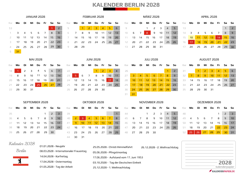 Kalender 2028 Berlin mit Ferien