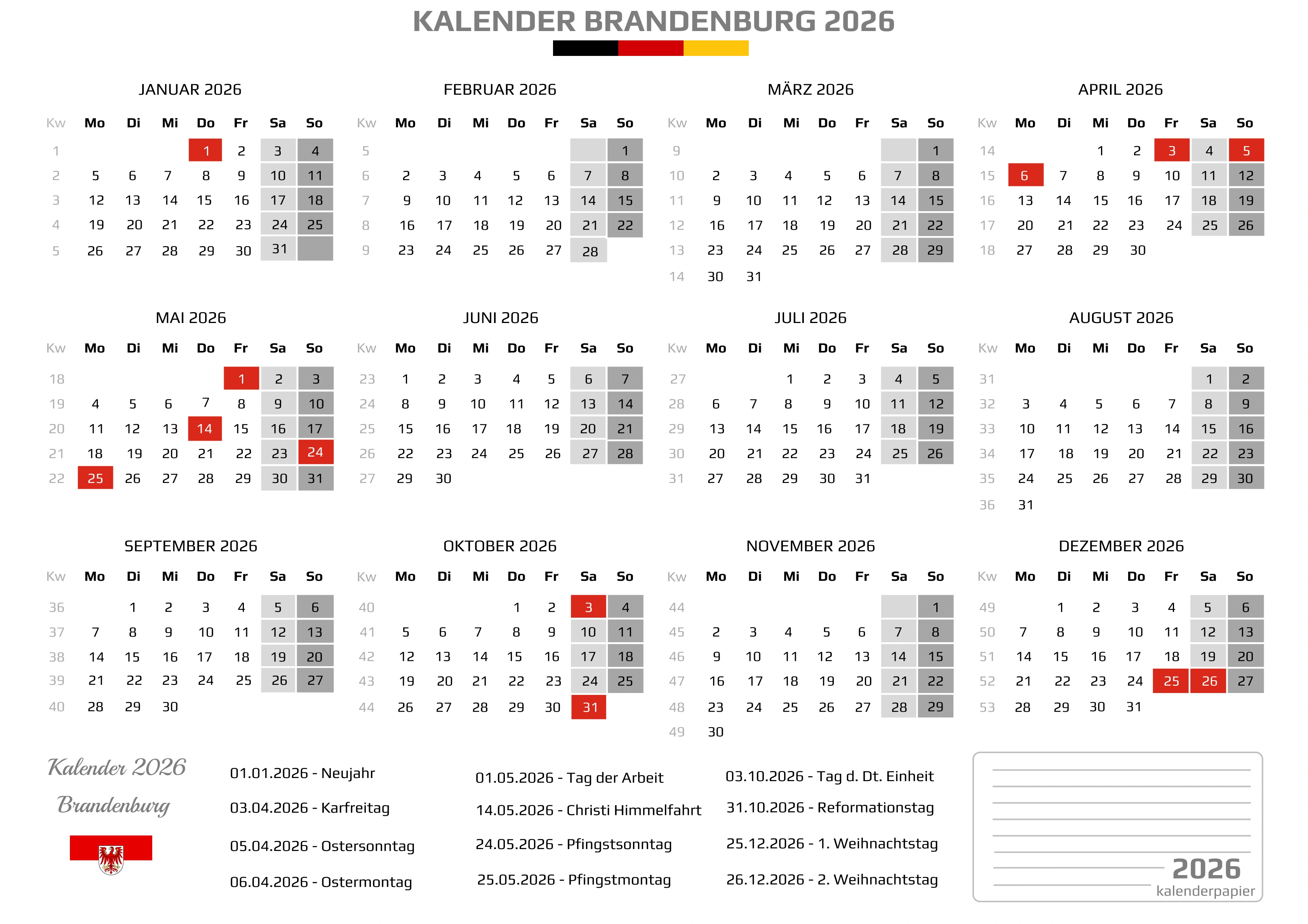 Der Kalender mit der Kompletten BW Feirtage