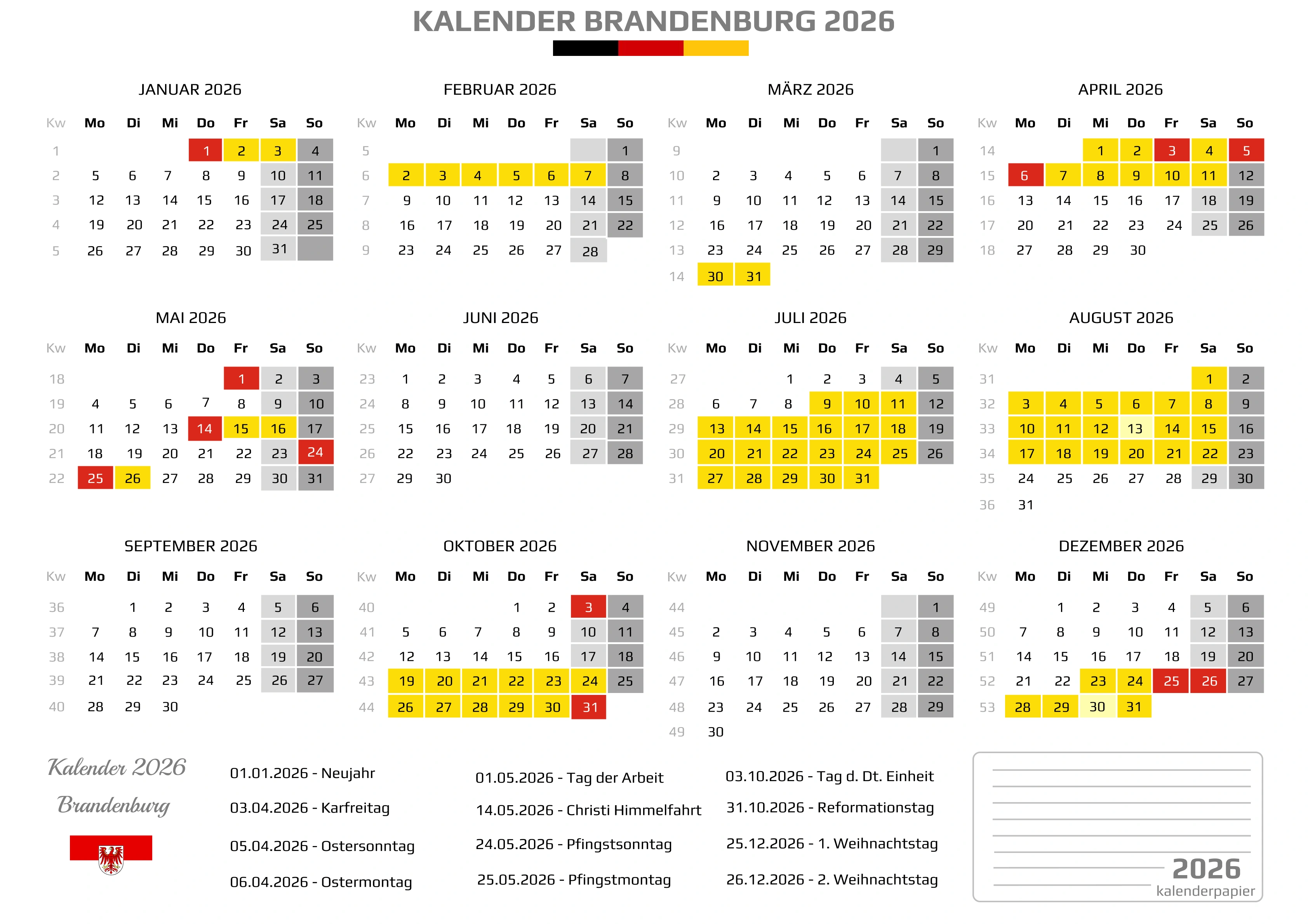 Der Kalender mit der Kompletten BW Feirtage