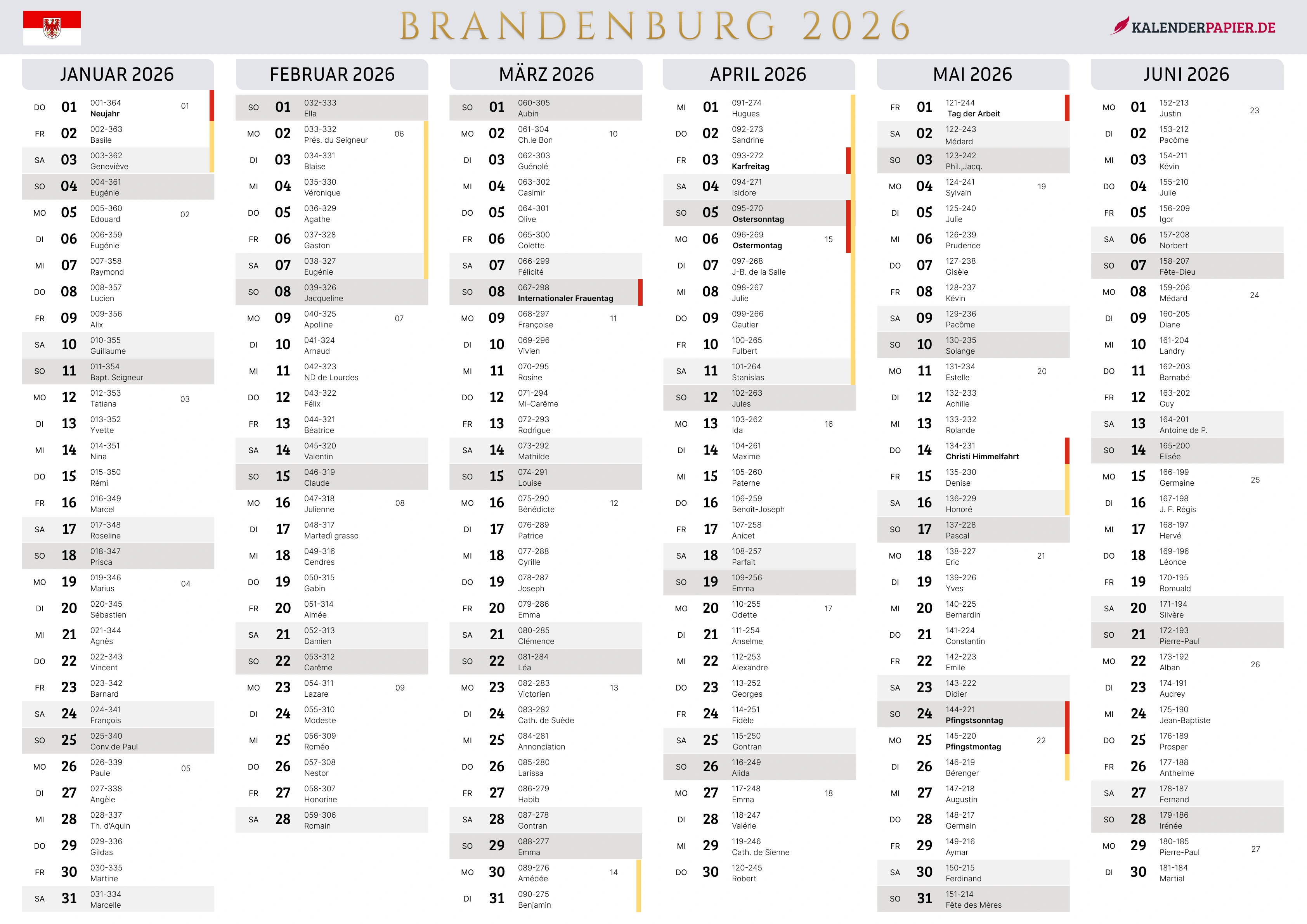 Der Kalender mit der Kompletten BW Feirtage