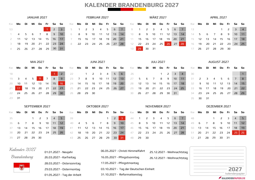 Kalender 2027 Brandenburg mit Feiertagen
