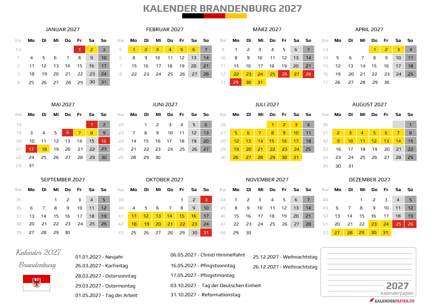 Kalender 2027 Brandenburg mit Ferien