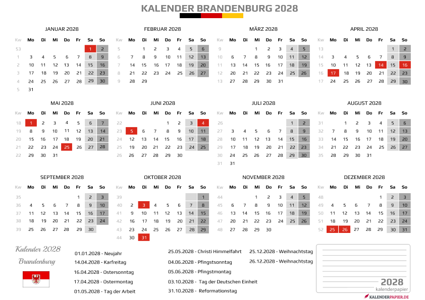 Kalender 2028 Brandenburg mit Feiertagen