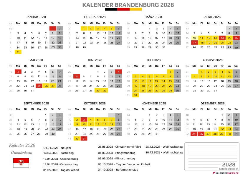 Kalender 2028 Brandenburg mit Ferien