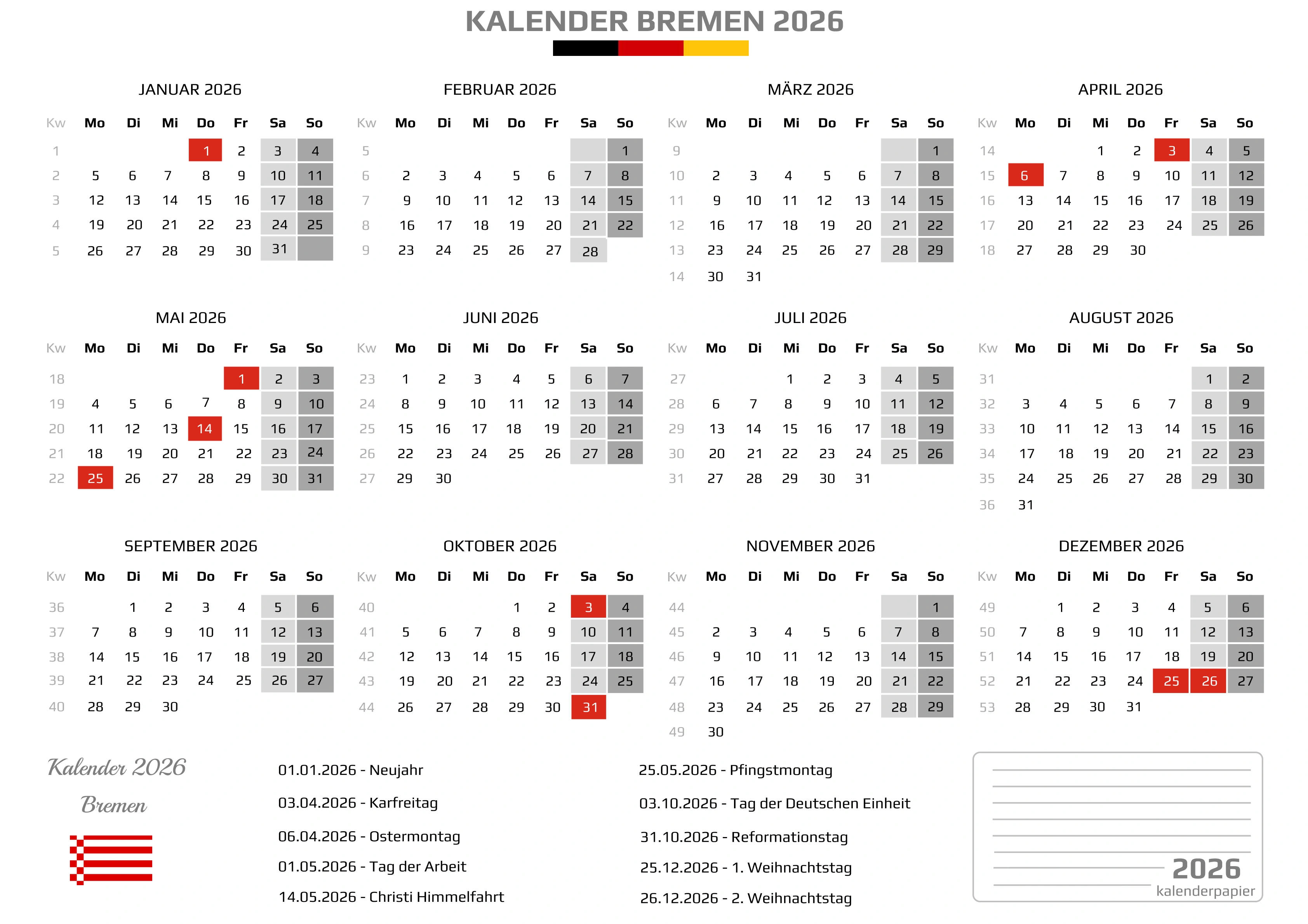 Der Kalender mit der Kompletten BW Feirtage