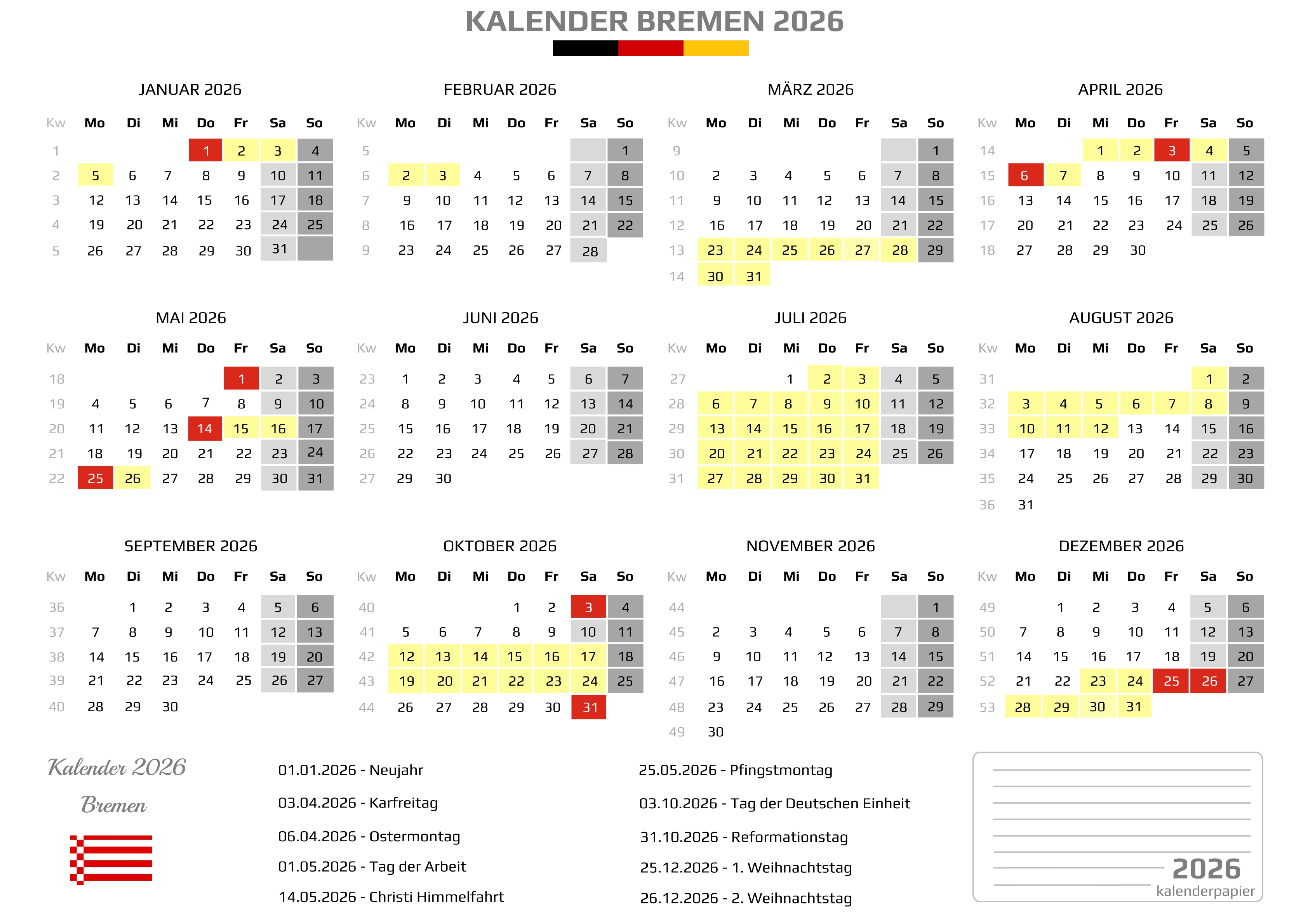 Der Kalender mit der Kompletten BW Feirtage