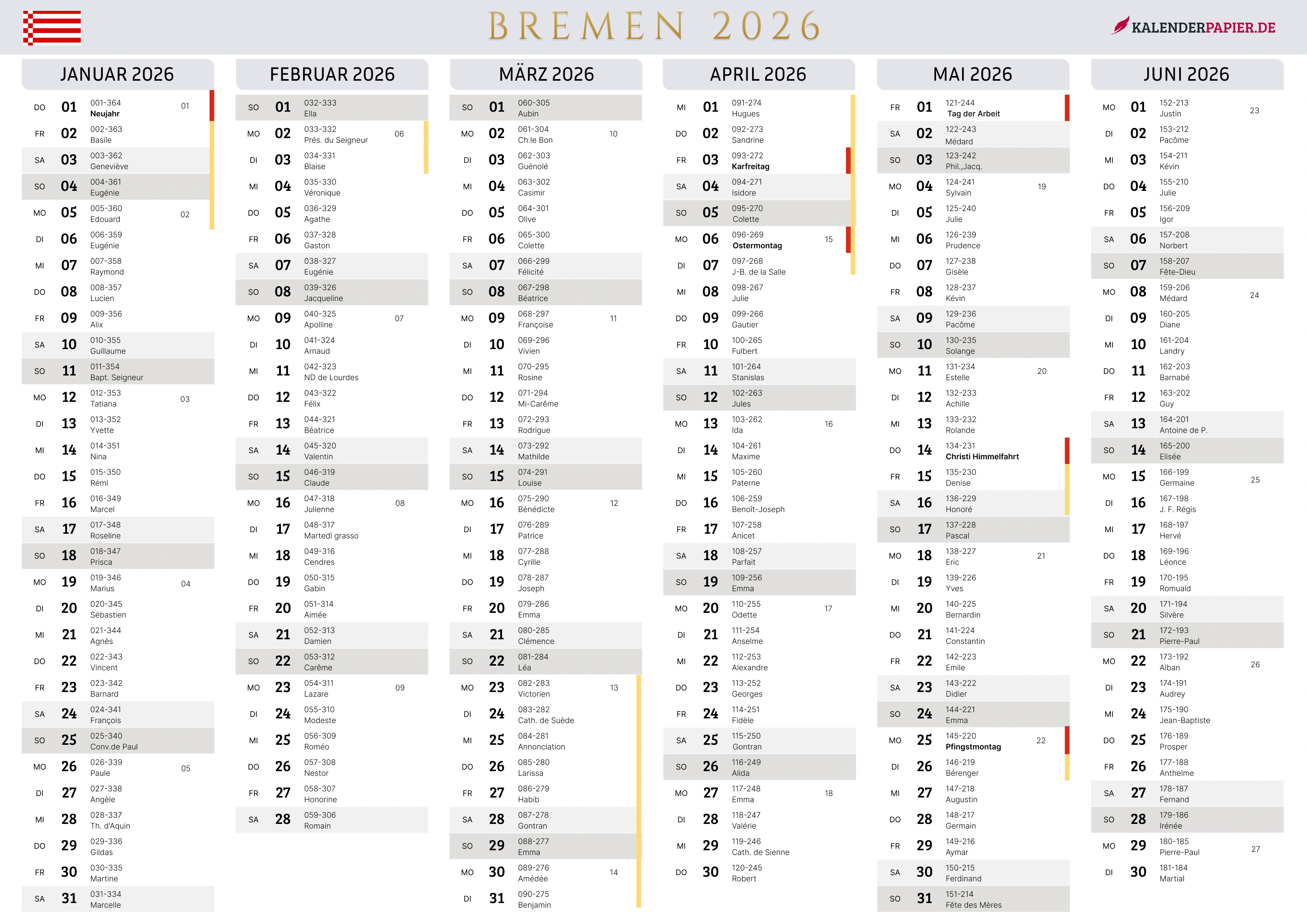 Der Kalender mit der Kompletten BW Feirtage
