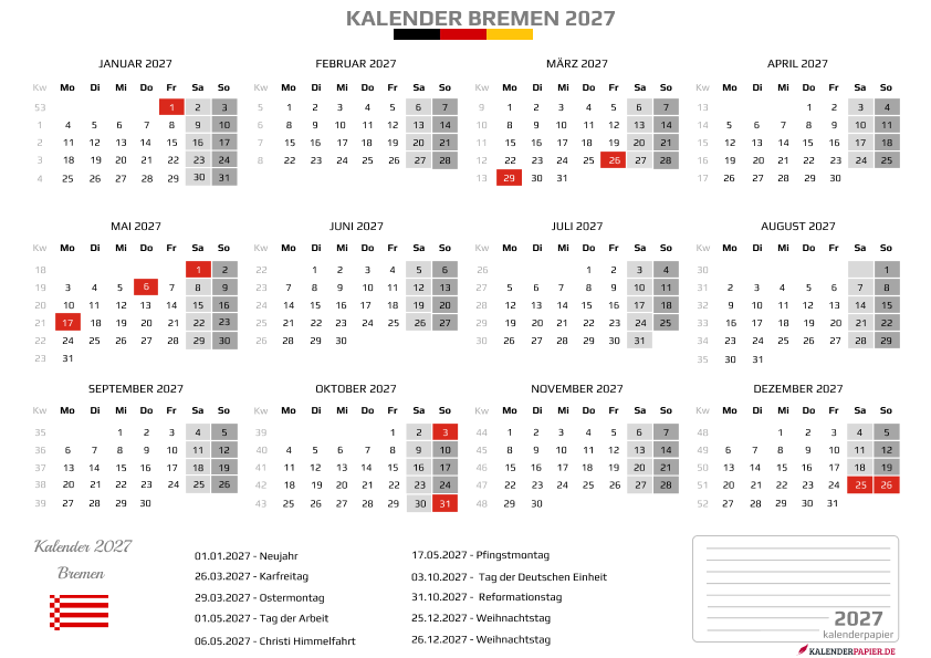 Kalender 2027 Bremen mit Feiertagen