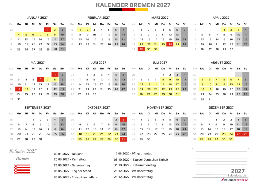 Kalender 2027 Bremen mit Ferien