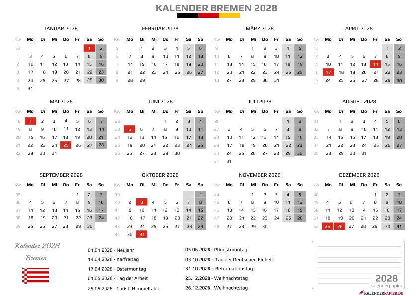 Kalender 2028 Bremen mit Feiertagen