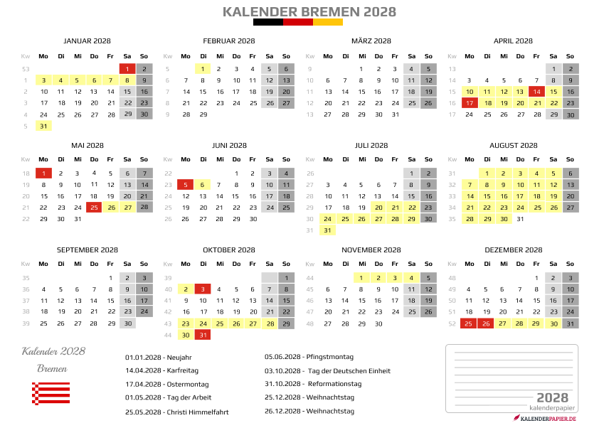 Kalender 2028 Bremen mit Ferien