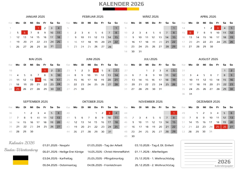 Kalender 2026 Baden-Württemberg mit Feiertagen