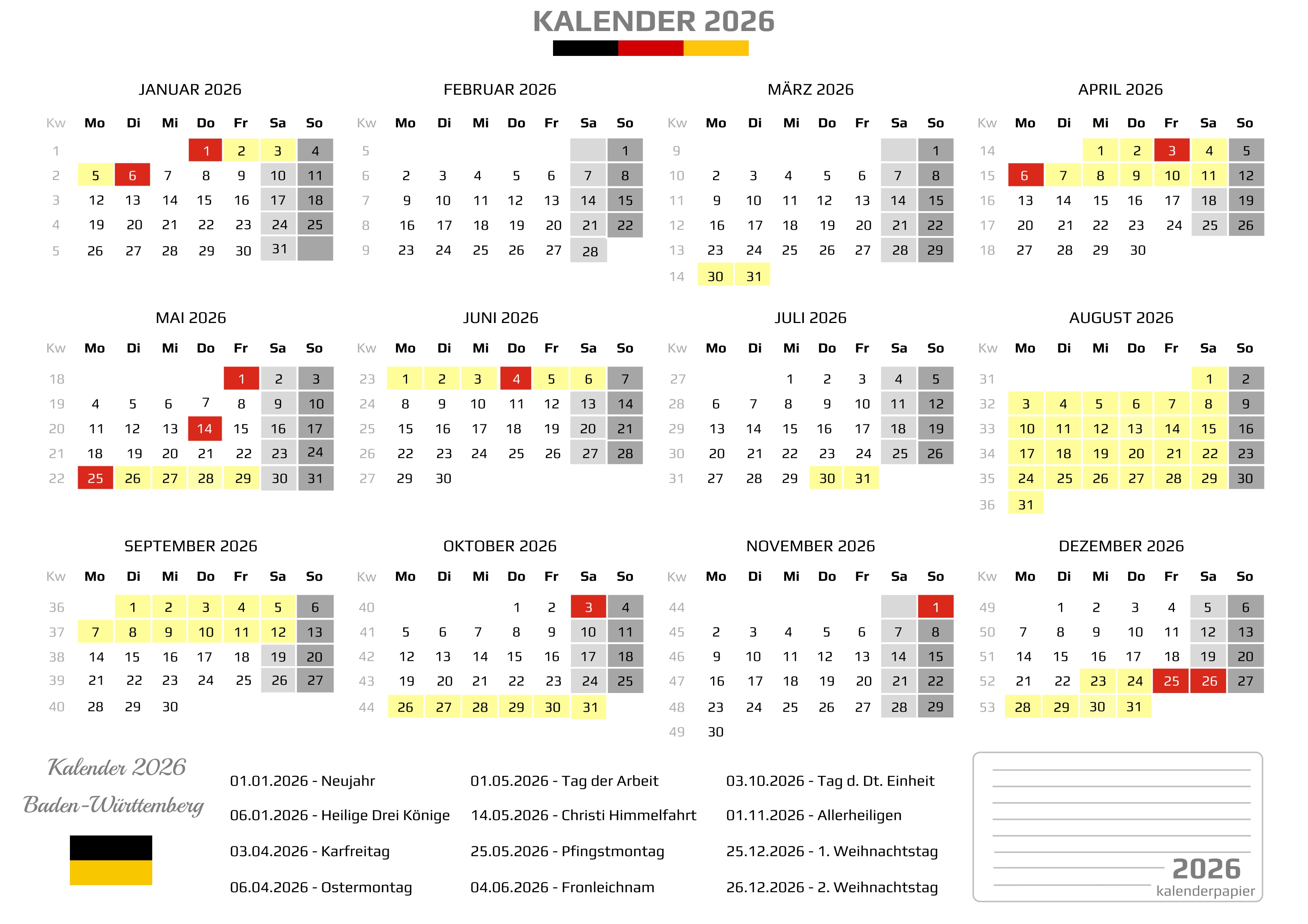 Kalender 2026 Baden-Württemberg mit Ferien