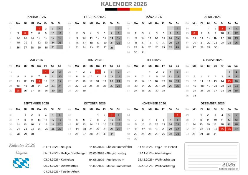 Kalender 2026 Bayern mit Feiertagen