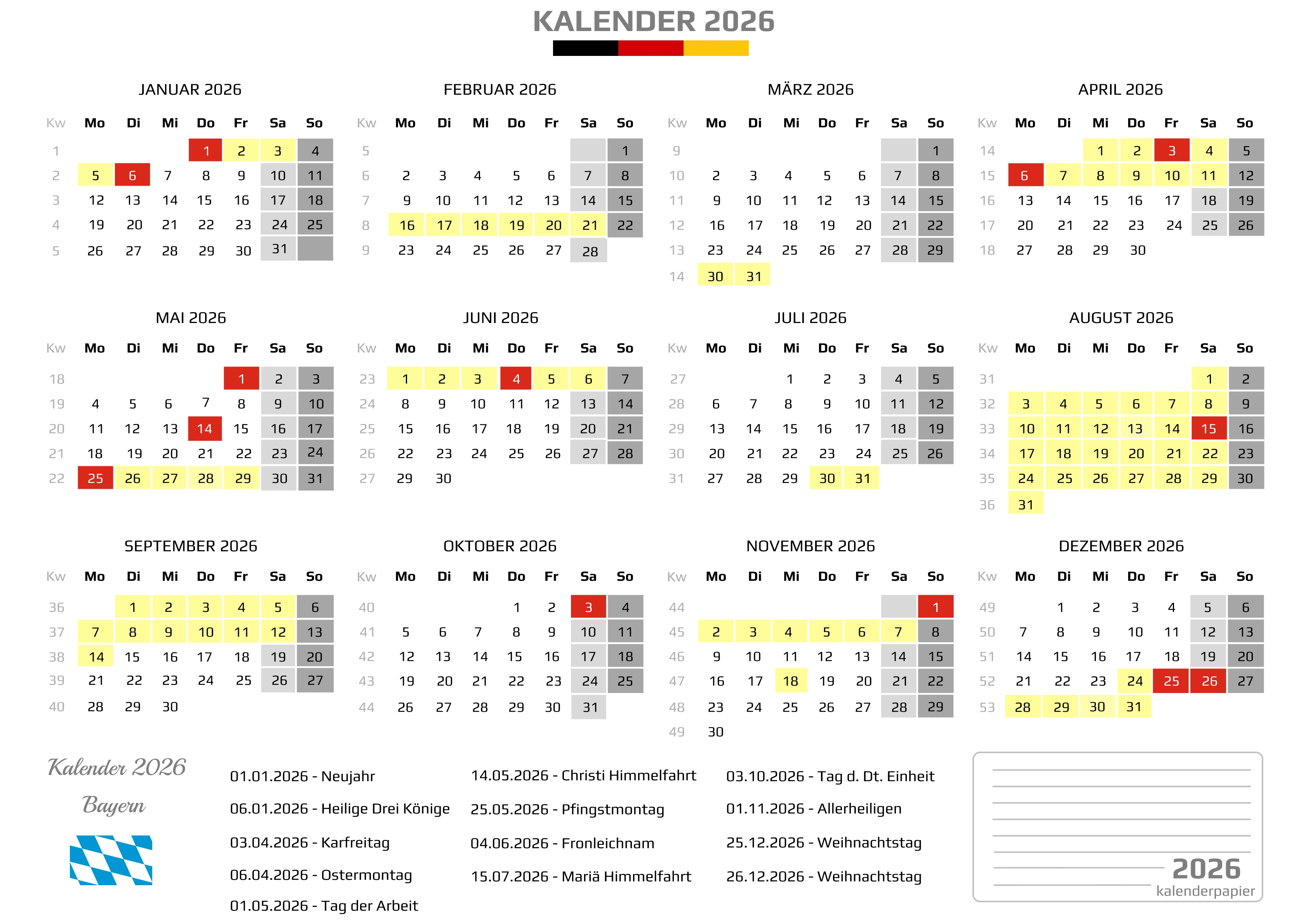Kalender 2026 Bayern mit Ferien